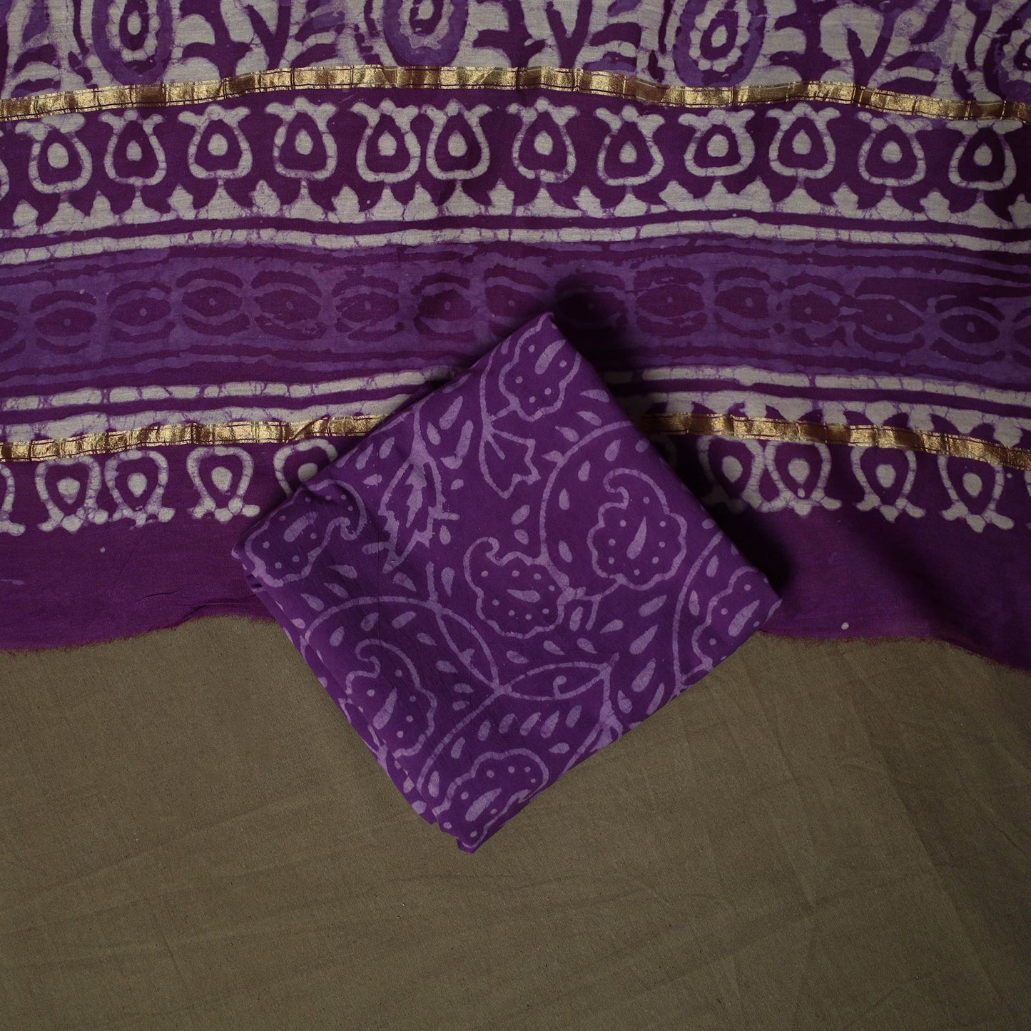 Hand block batik print chanderi silk 3pc unstitched dress