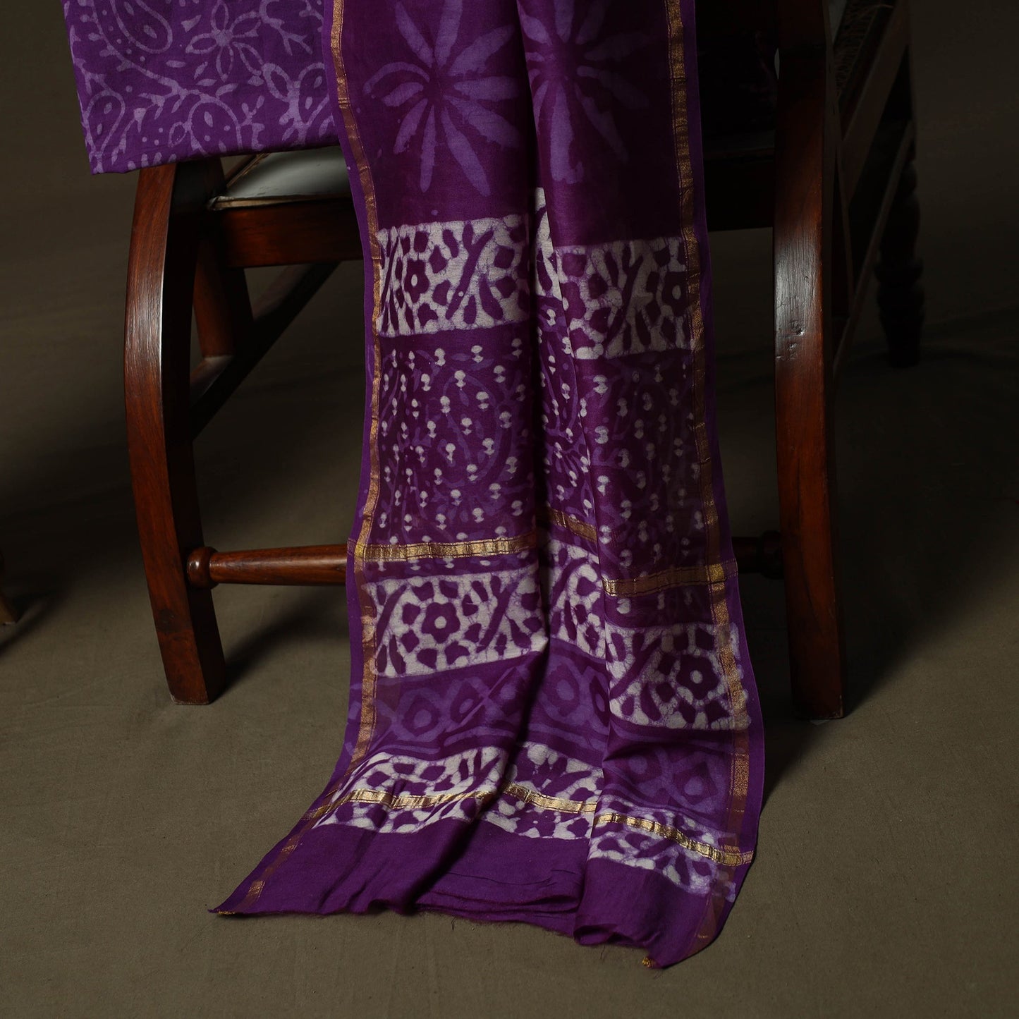Hand block batik print chanderi silk 3pc unstitched dress