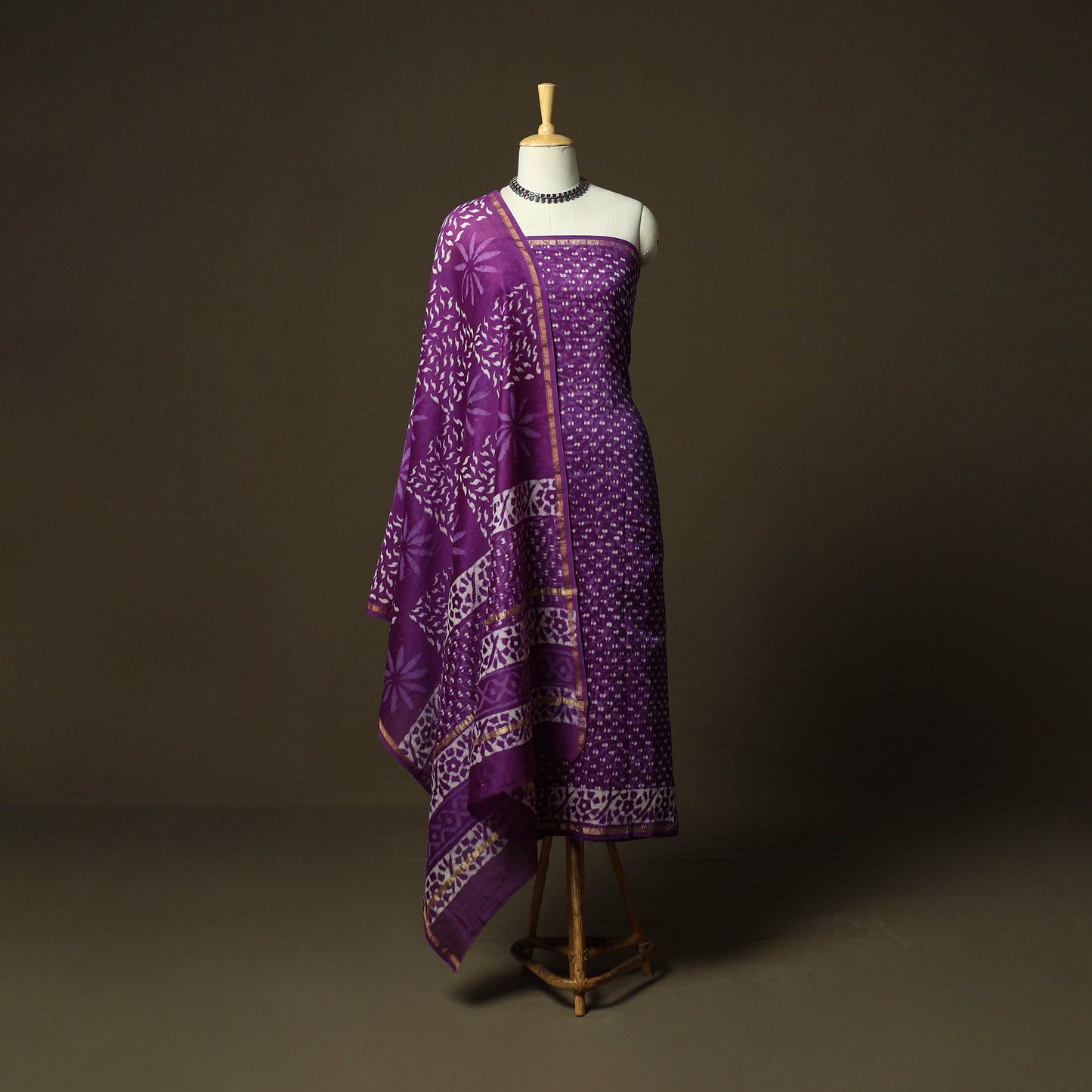 Hand block batik print chanderi silk 3pc unstitched dress