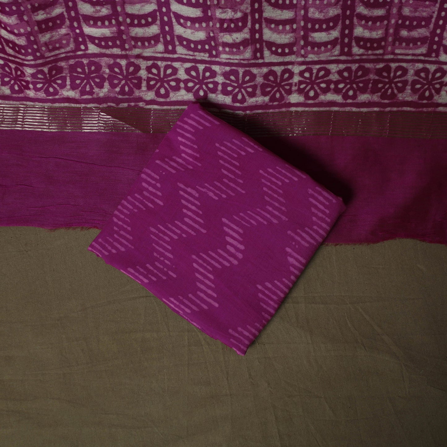 Hand block batik print maheshwari silk 3pc unstitched dress