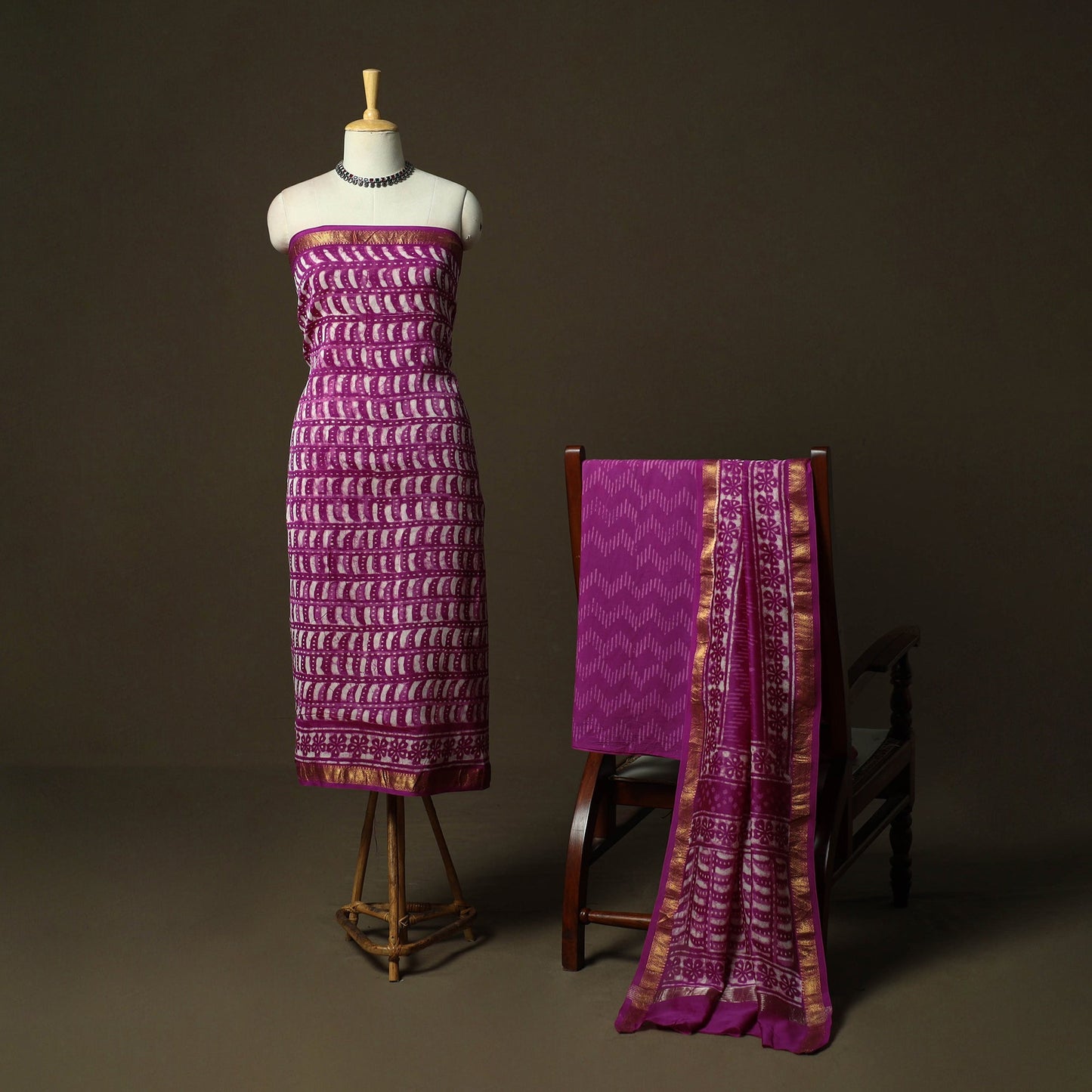 Hand block batik print maheshwari silk 3pc unstitched dress