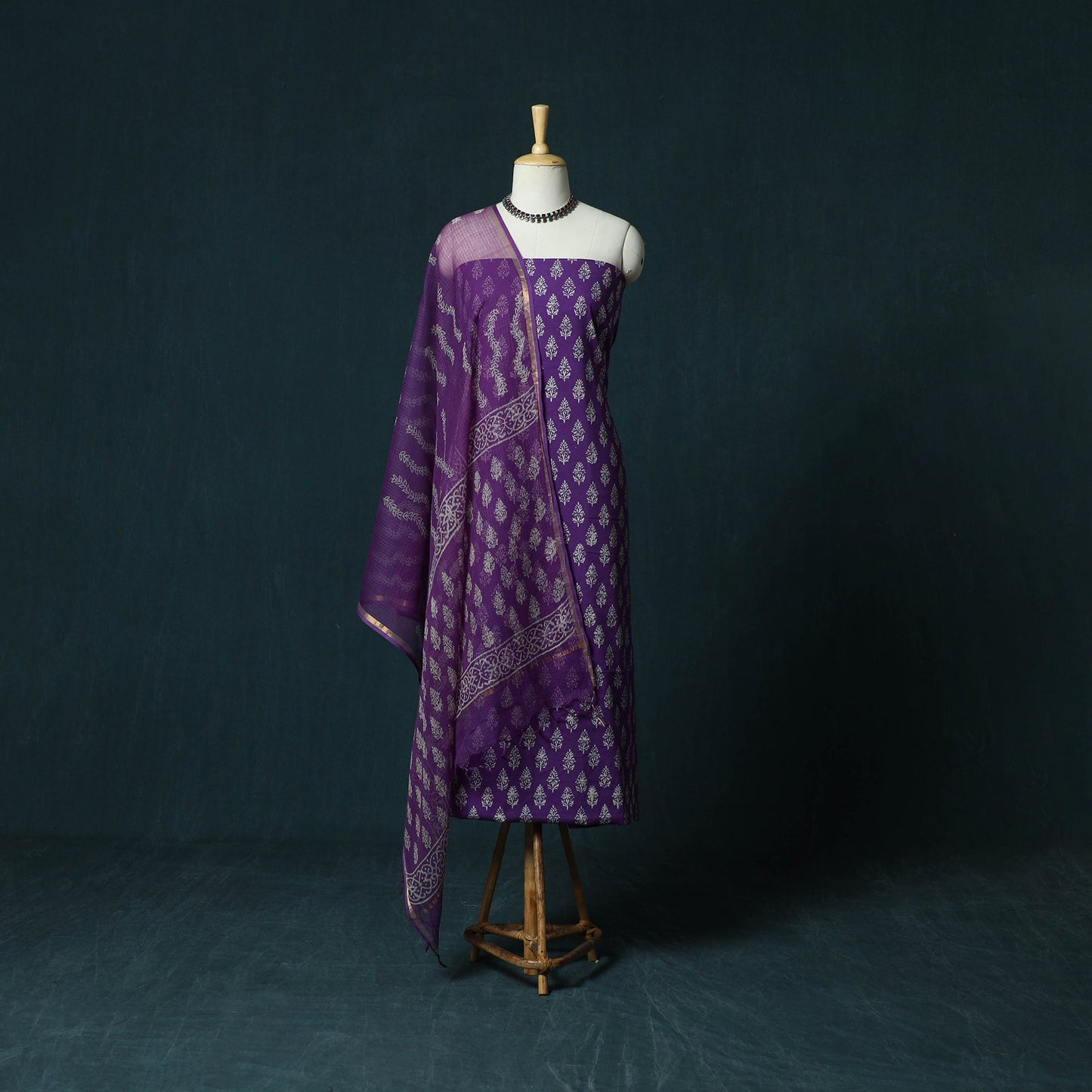 Hand block jaipur print cotton 3pc unstitched dress