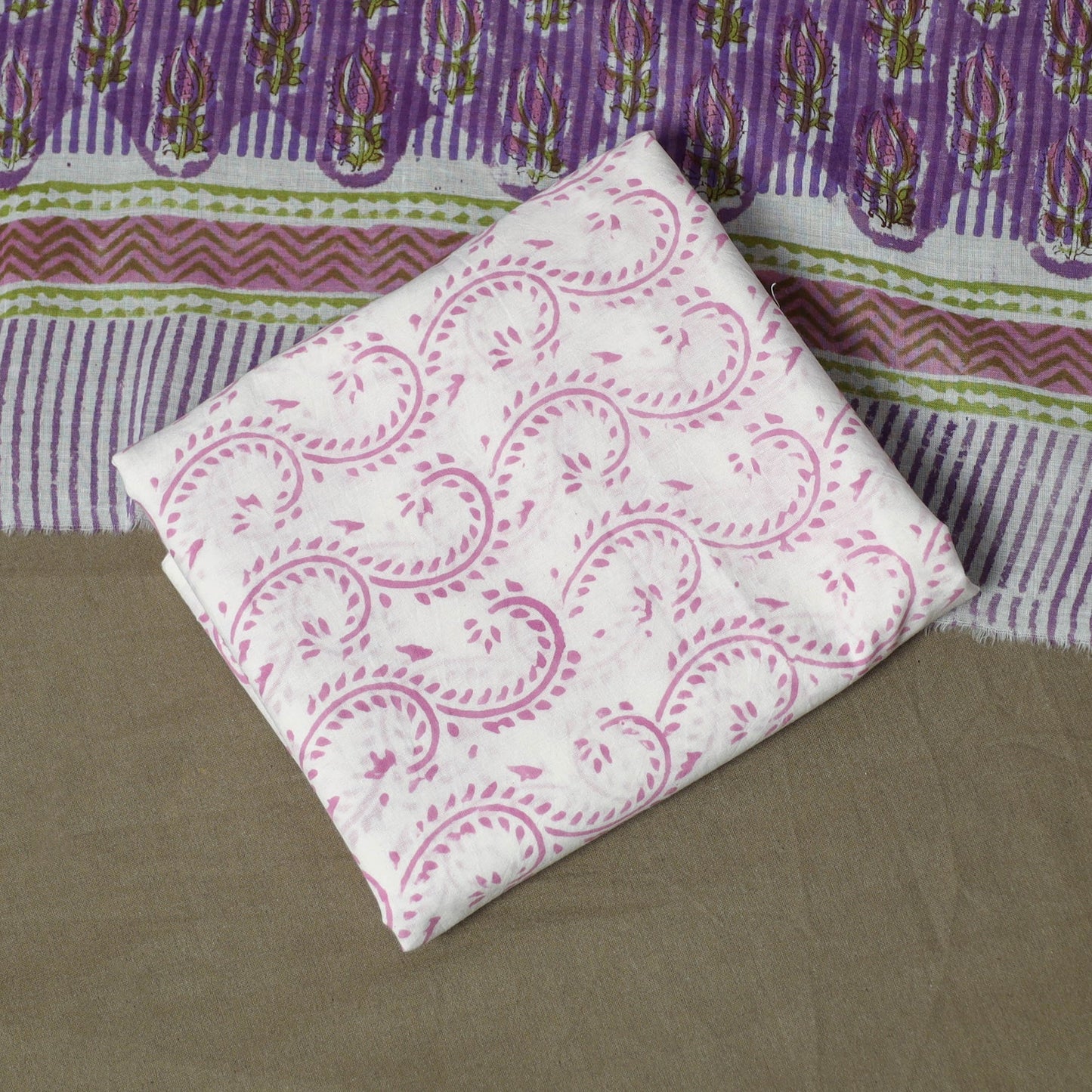 Hand block print cotton sanganeri 3pc unstitched dress