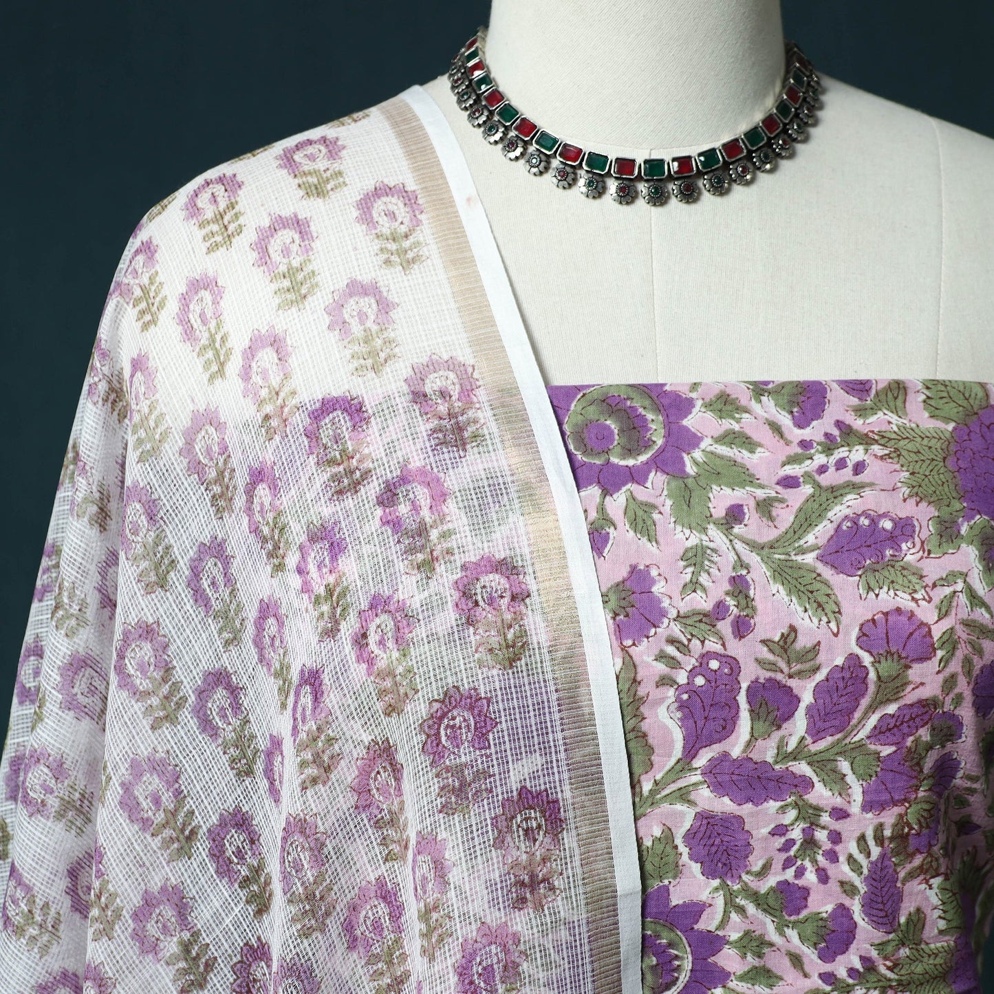 Hand block print sanganeri cotton 3pc unstitched dress