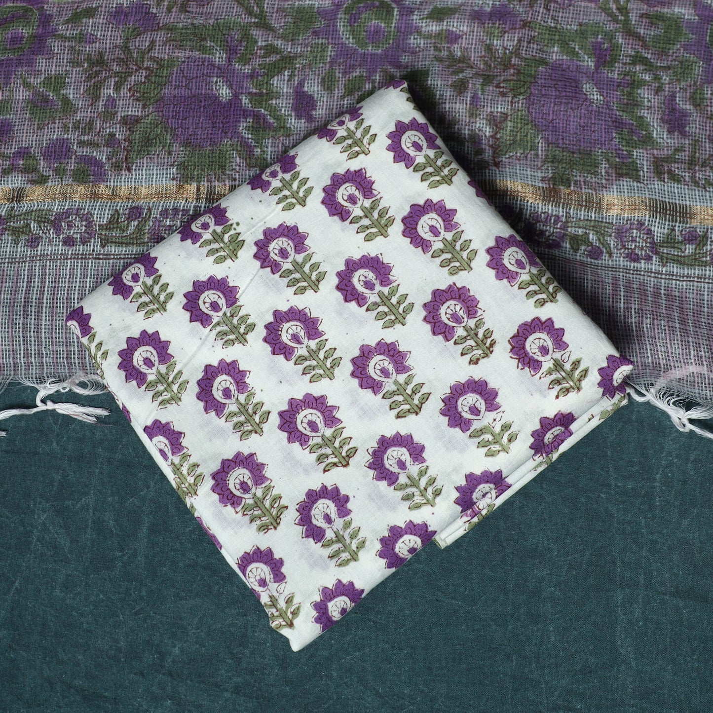 Hand block print sanganeri cotton 3pc unstitched dress