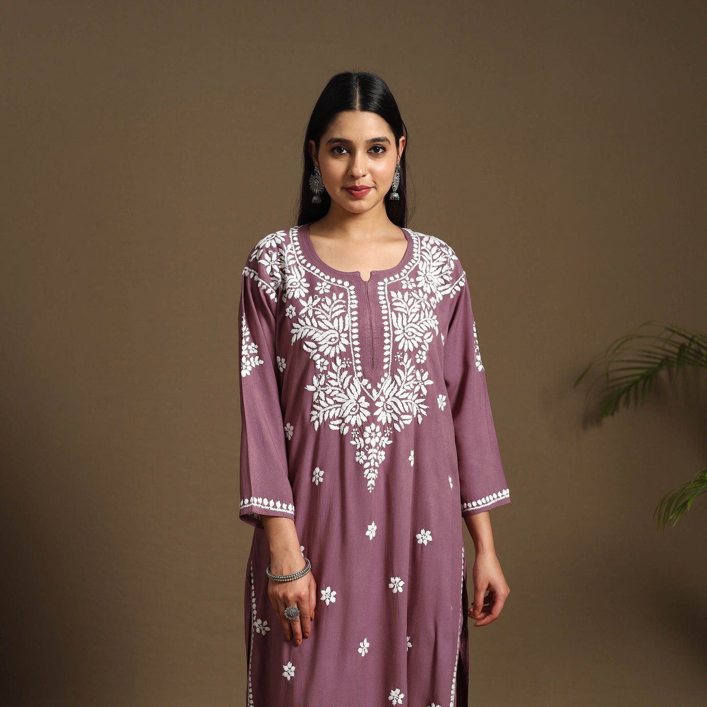 Purple Hand Embroidered Rayon Chikankari Kurta with Pant Set