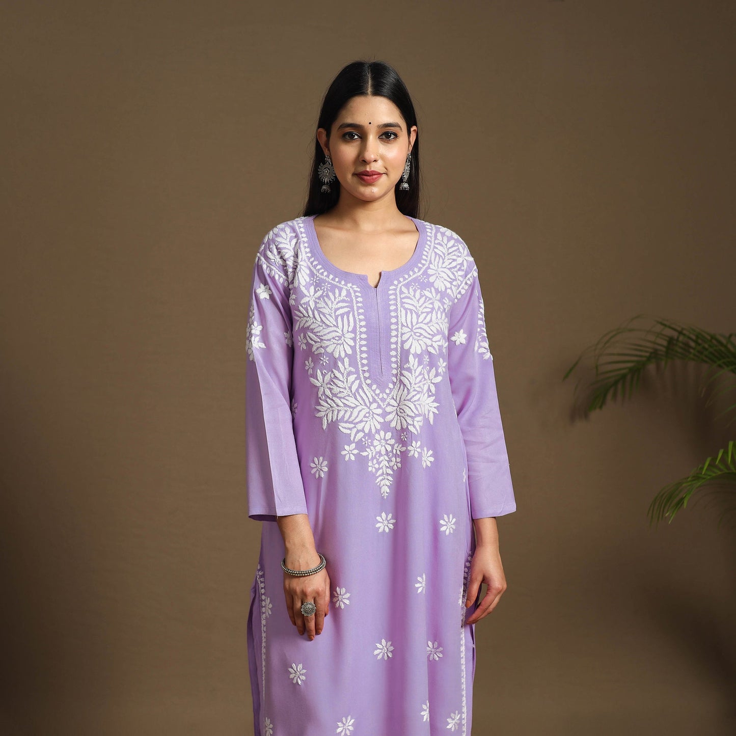 Purple Hand Embroidered Rayon Chikankari Kurta with Pant Set