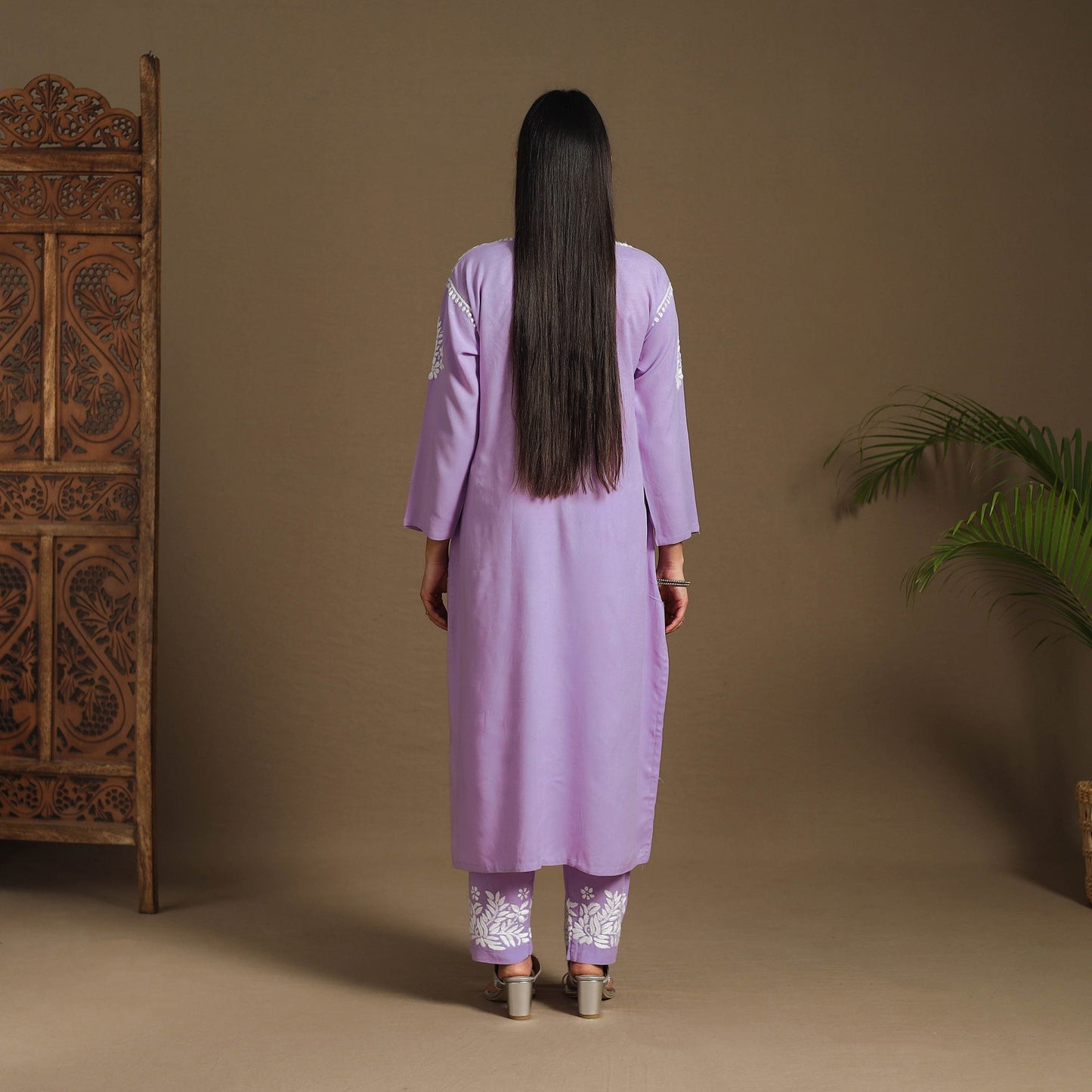 Purple Hand Embroidered Rayon Chikankari Kurta with Pant Set