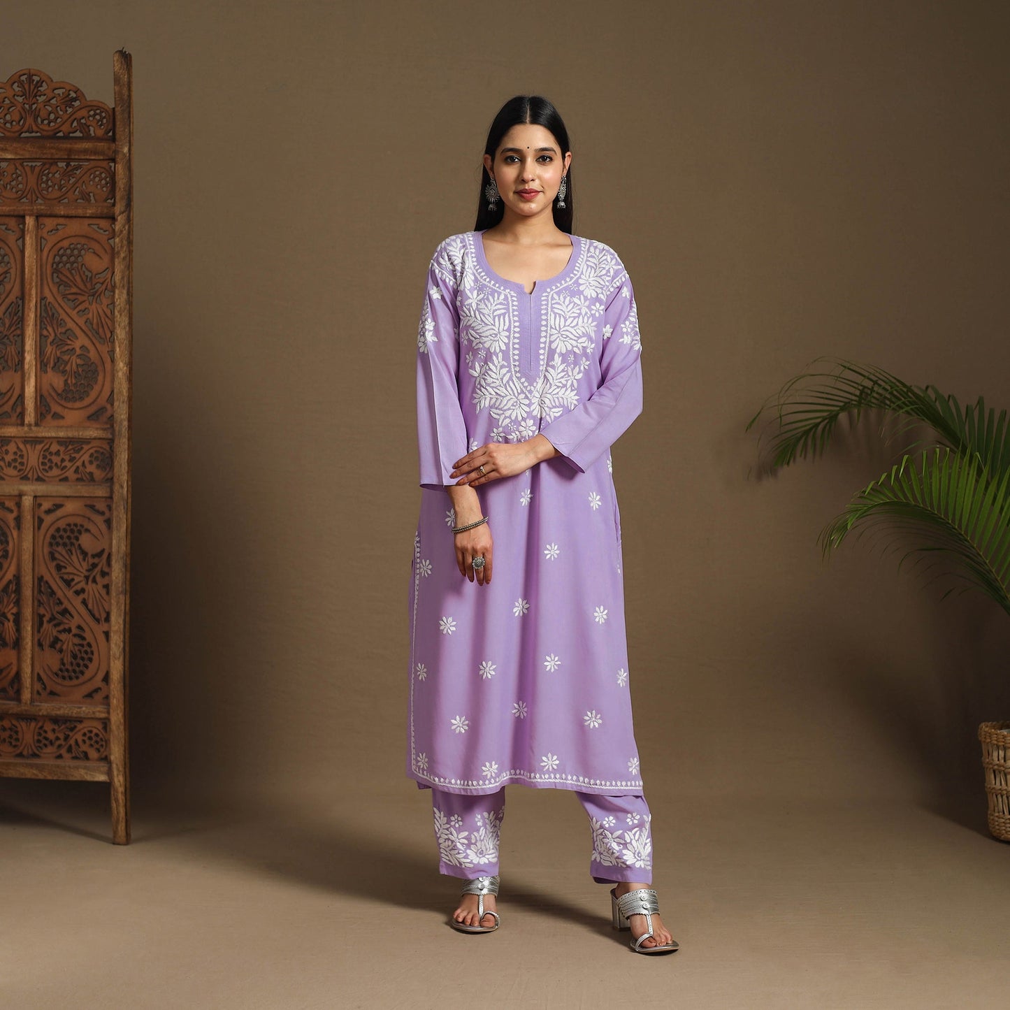 Purple Hand Embroidered Rayon Chikankari Kurta with Pant Set