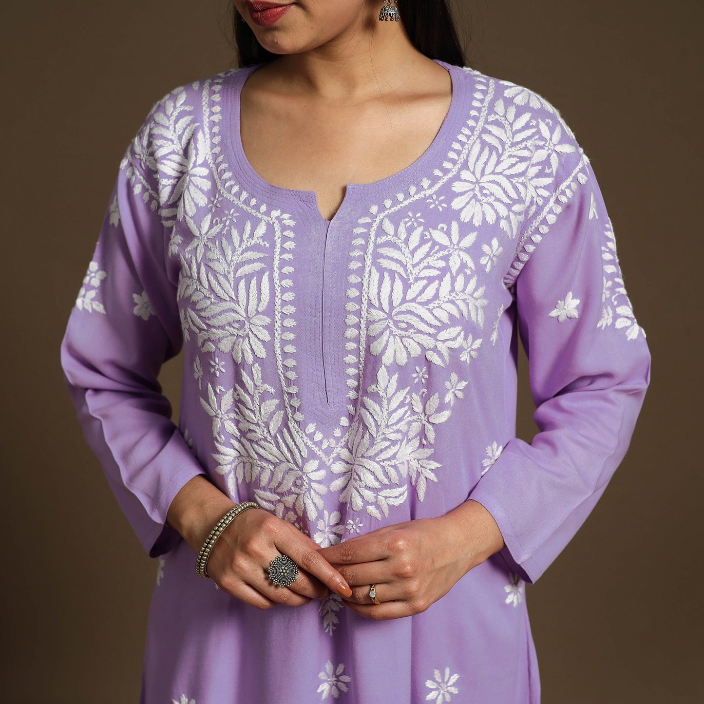 Purple Hand Embroidered Rayon Chikankari Kurta with Pant Set