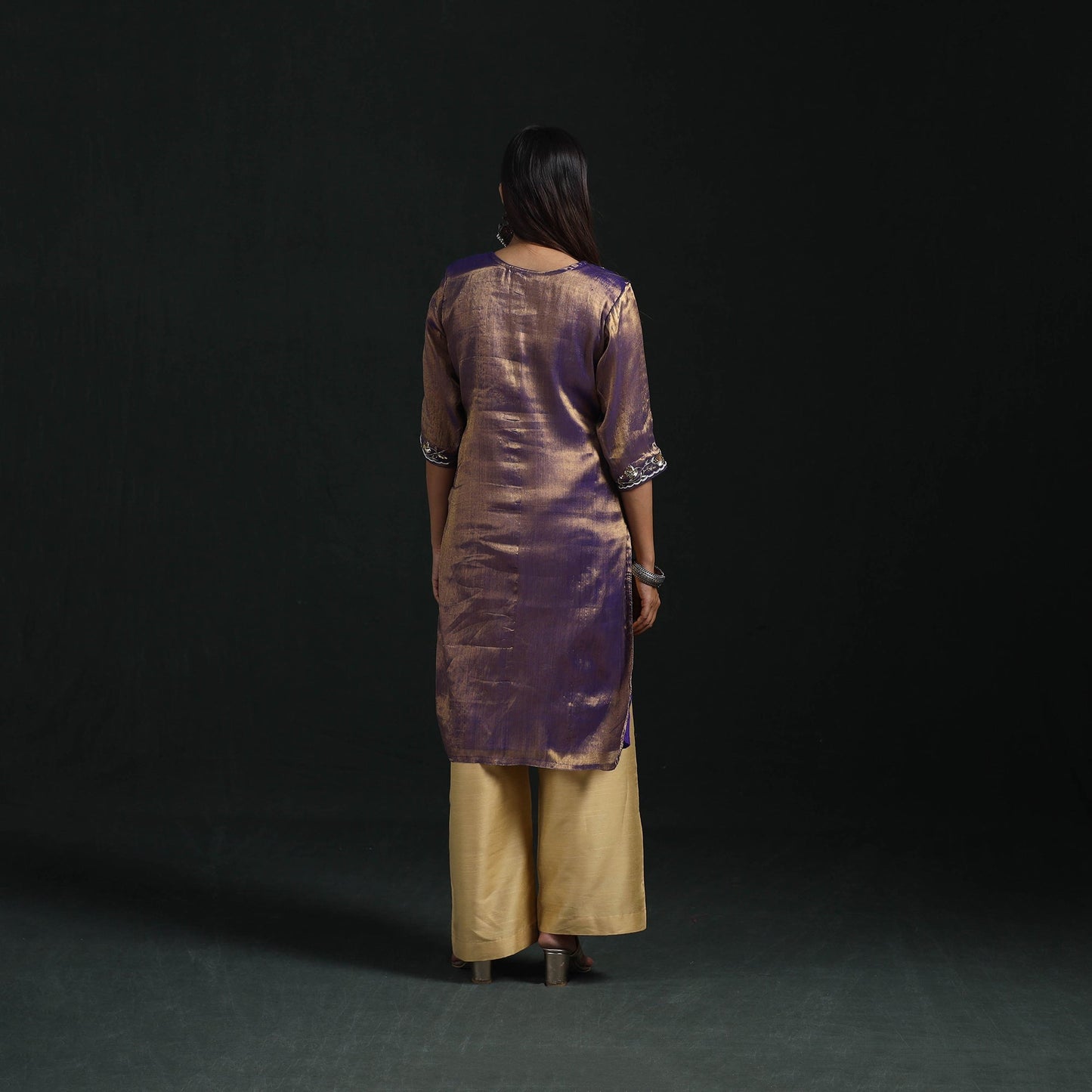Hand embroidery fine tissue zari straight plain kurta