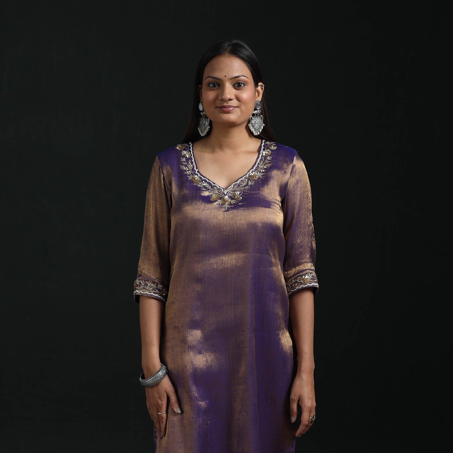 Hand embroidery fine tissue zari straight plain kurta