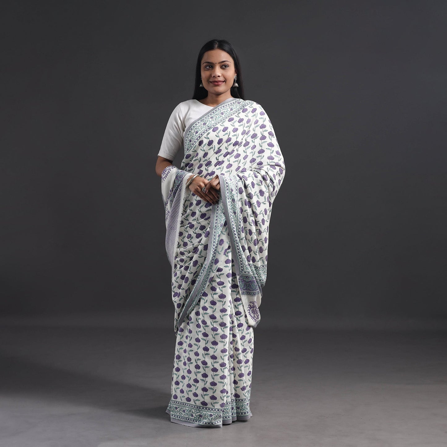 Buy Purple Hand Block Print Merino Wool Sanganeri Saree