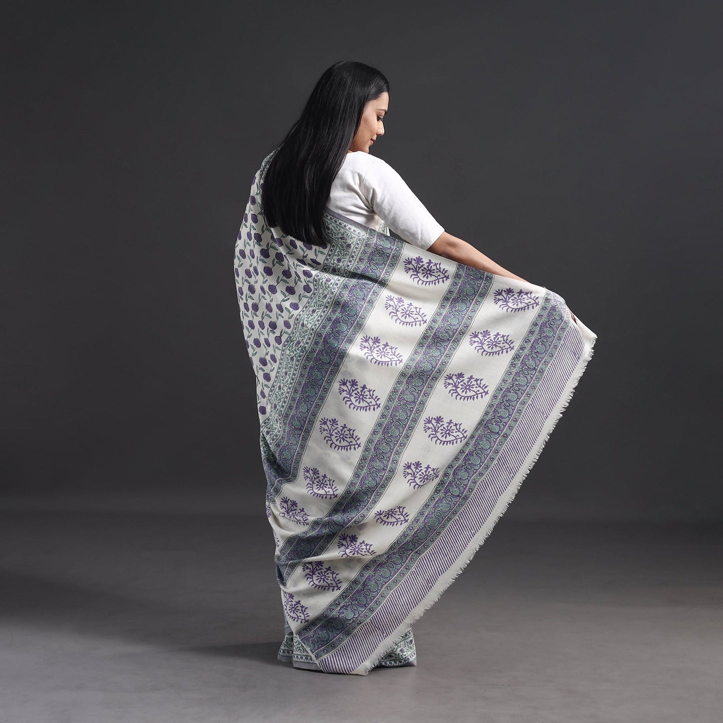 Buy Purple Hand Block Print Merino Wool Sanganeri Saree