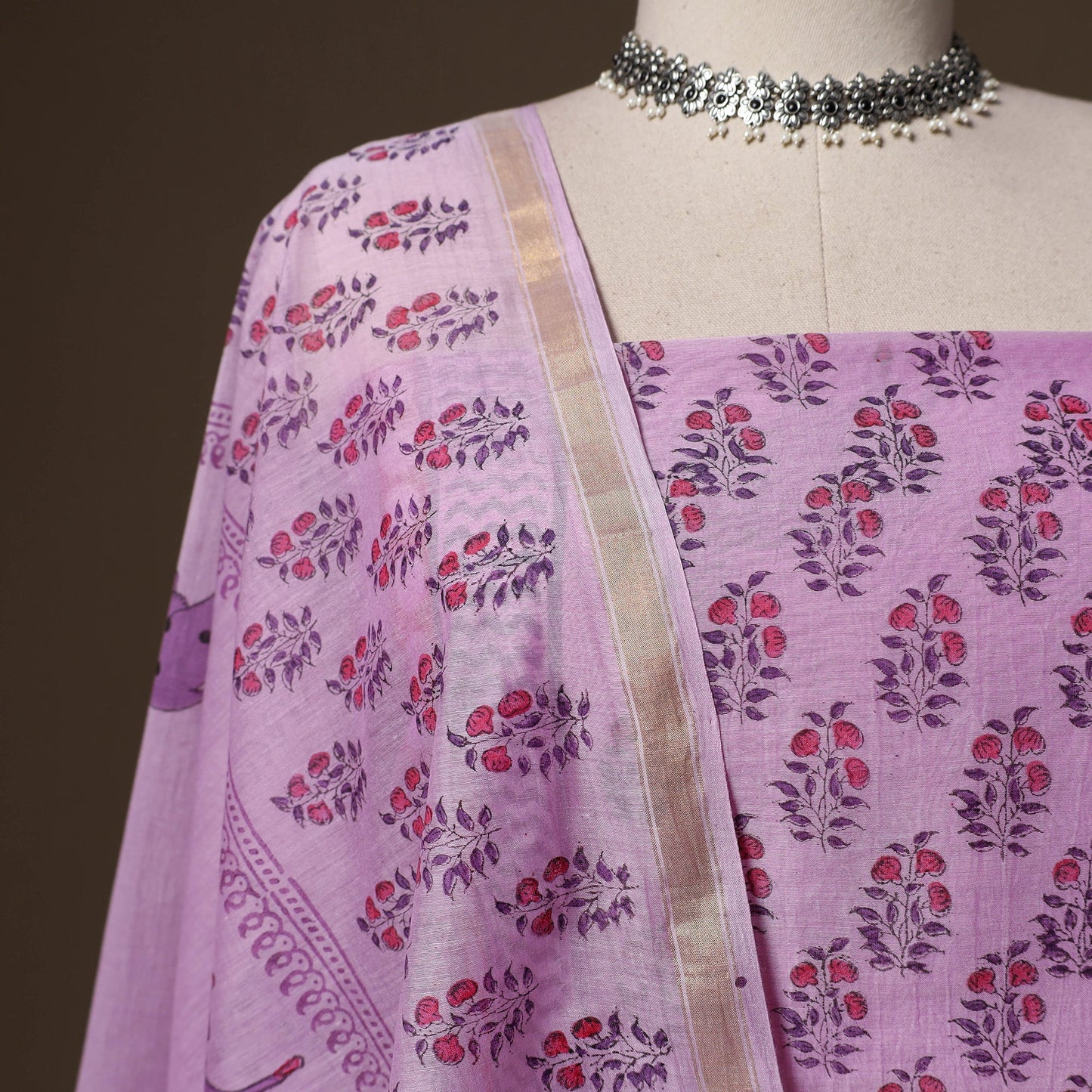 Handloom chanderi silk block print sanganeri 3pc unstitched