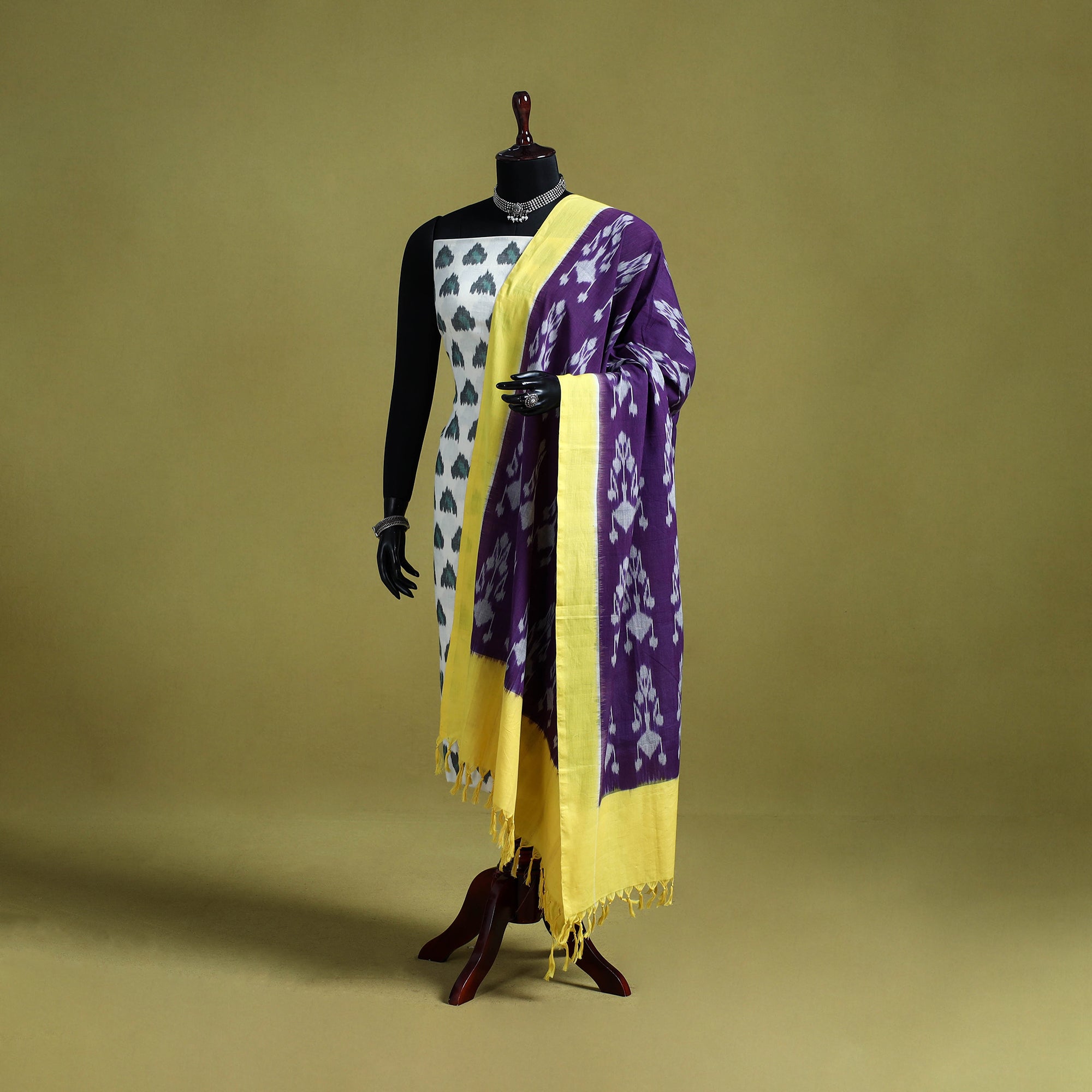 Grey - Handloom Mercerised Cotton Pochampally Ikat Dupatta 05