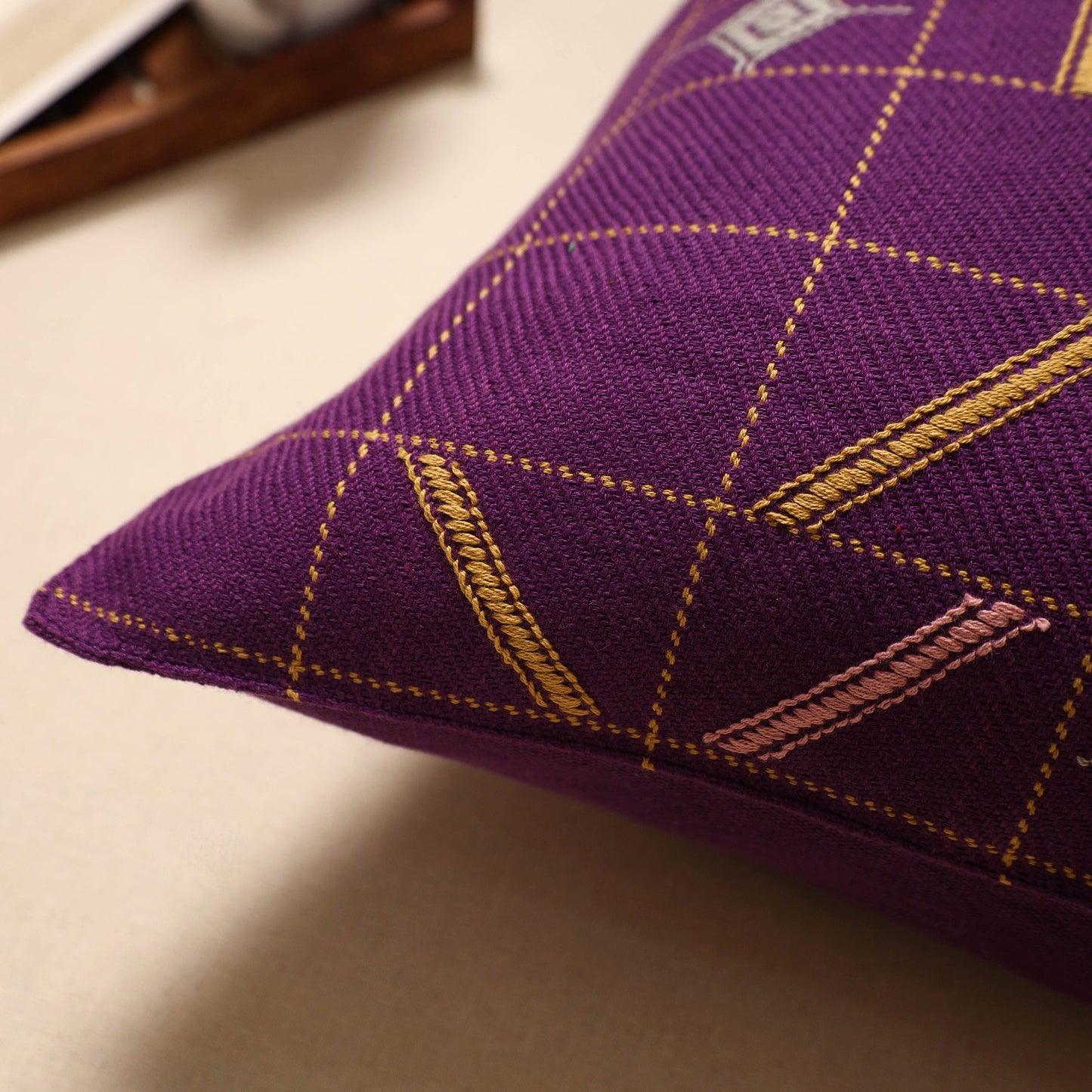 Purple - handloom cotton urmul kashida stitch cushion cover