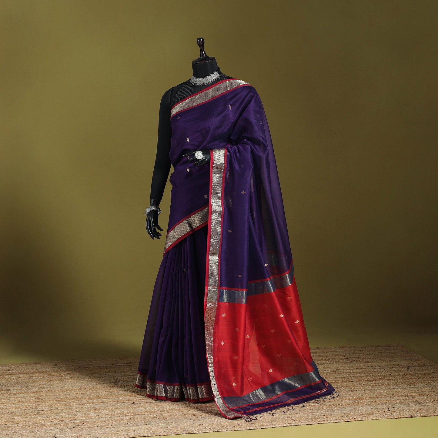 Purple - handloom silk cotton buti maheshwari saree