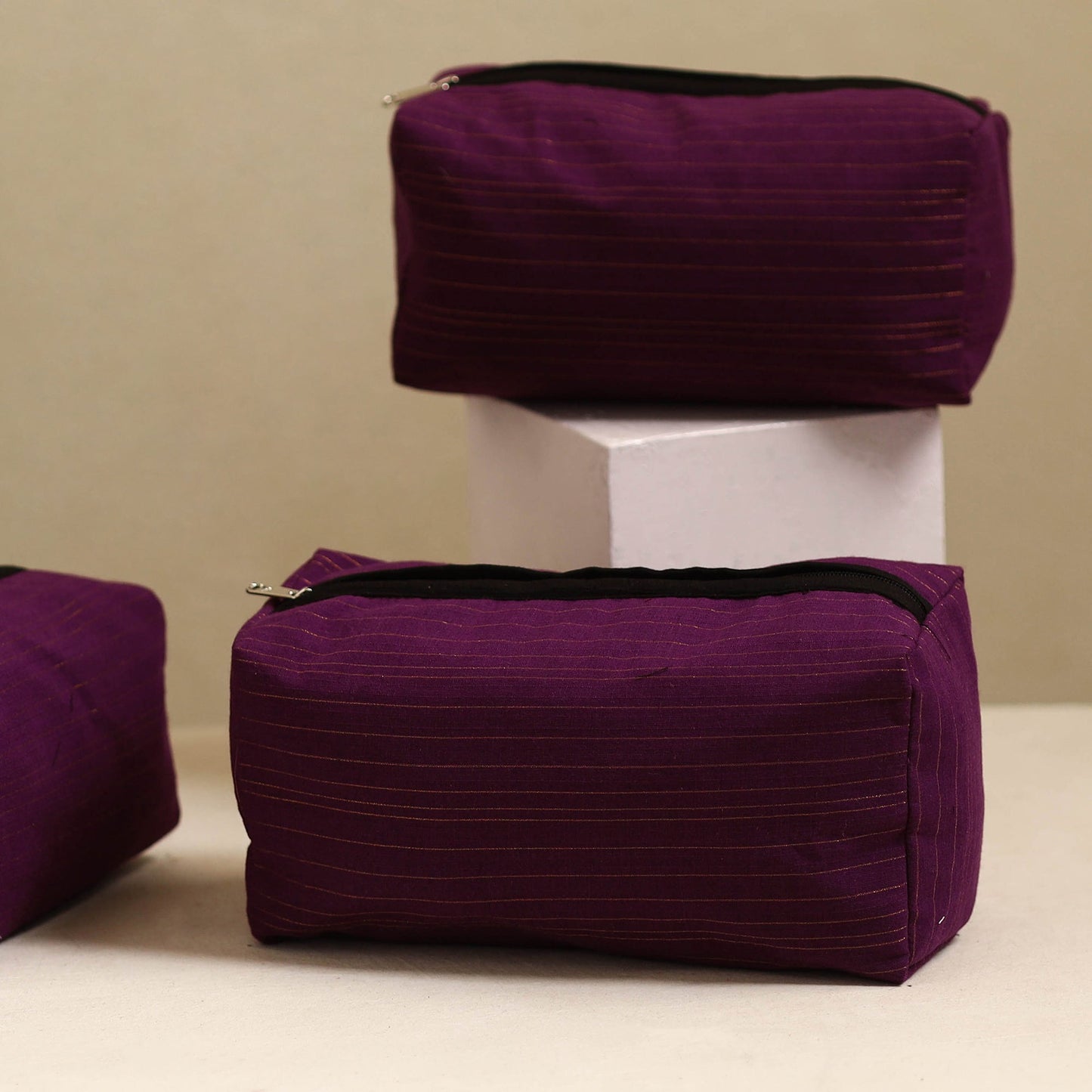 Purple Handmade Cotton Toiletry Bags (Set of 3)