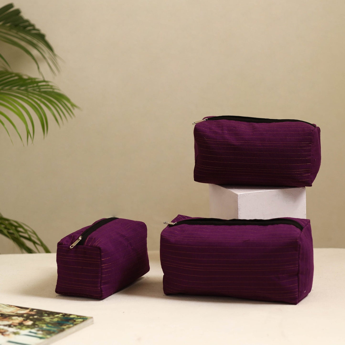 Purple Handmade Cotton Toiletry Bags (Set of 3)