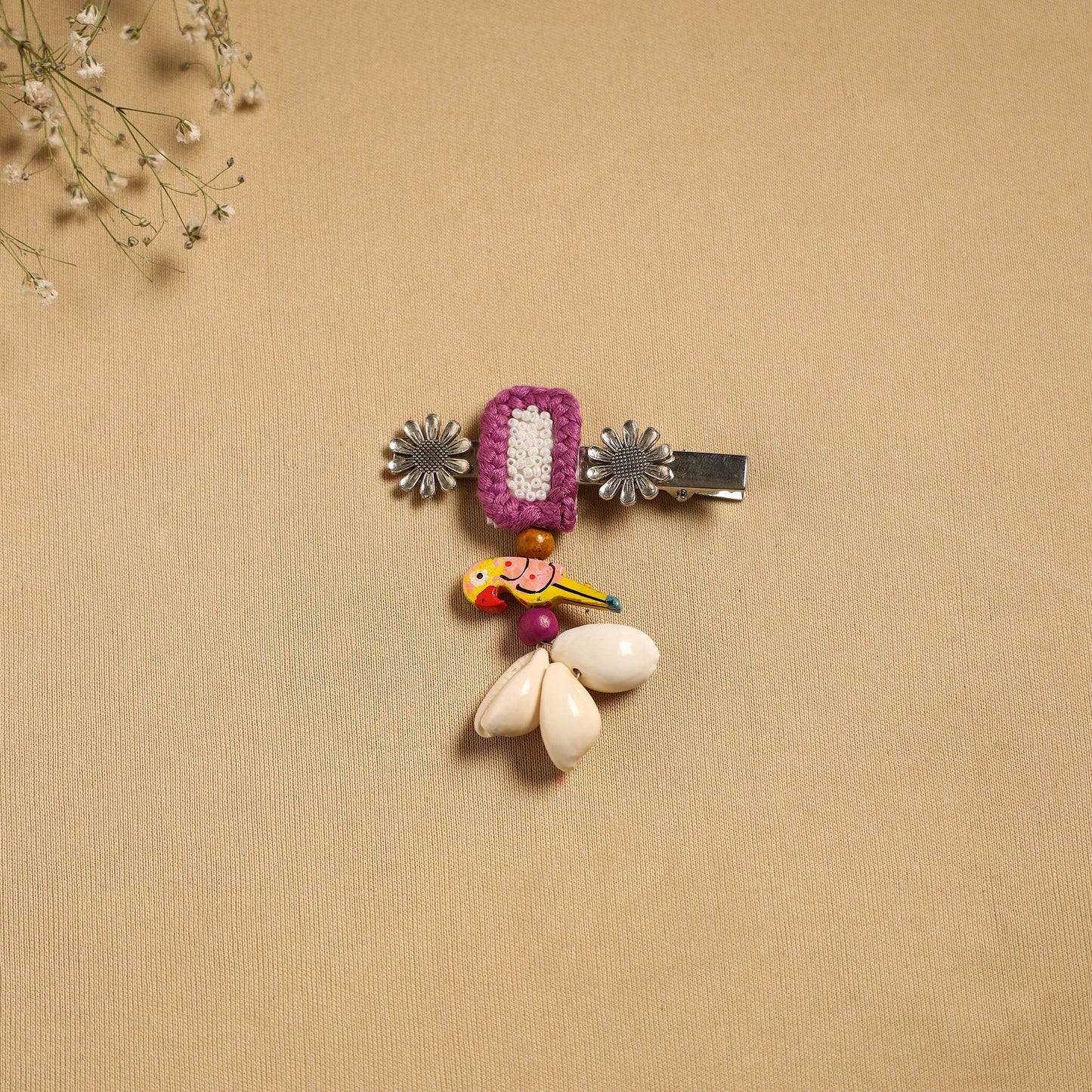 Handmade gs shell & thread work hair clip 40 - handcrafted