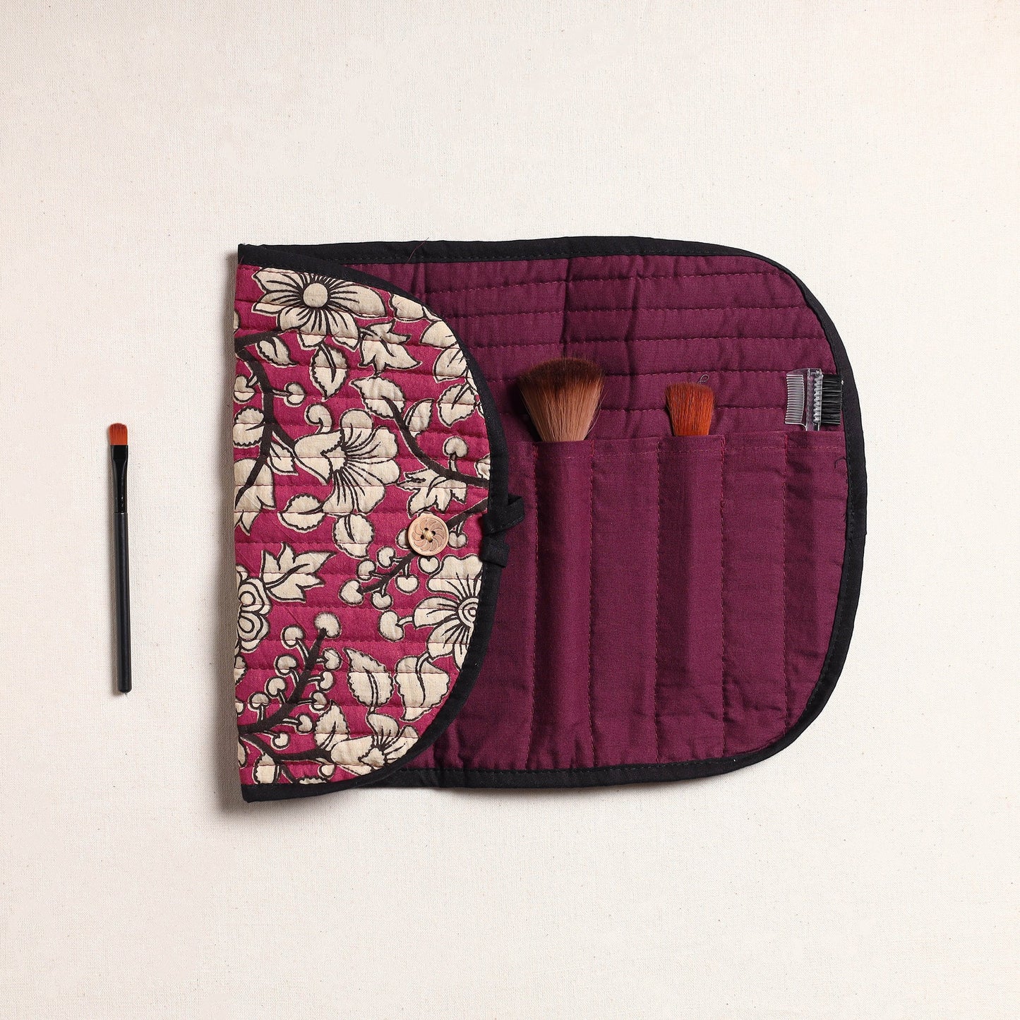 Kalamkari Fabric Multipurpose Segmented Make-up Brush Wrap Pouch/Case