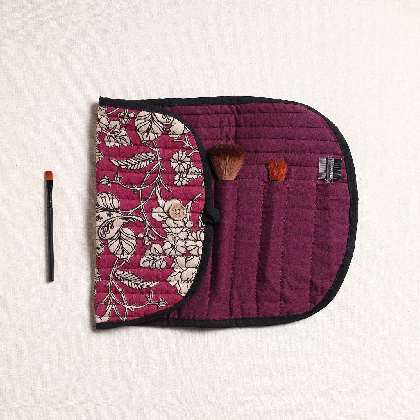 Kalamkari Fabric Multipurpose Segmented Make-up Brush Wrap Pouch/Case
