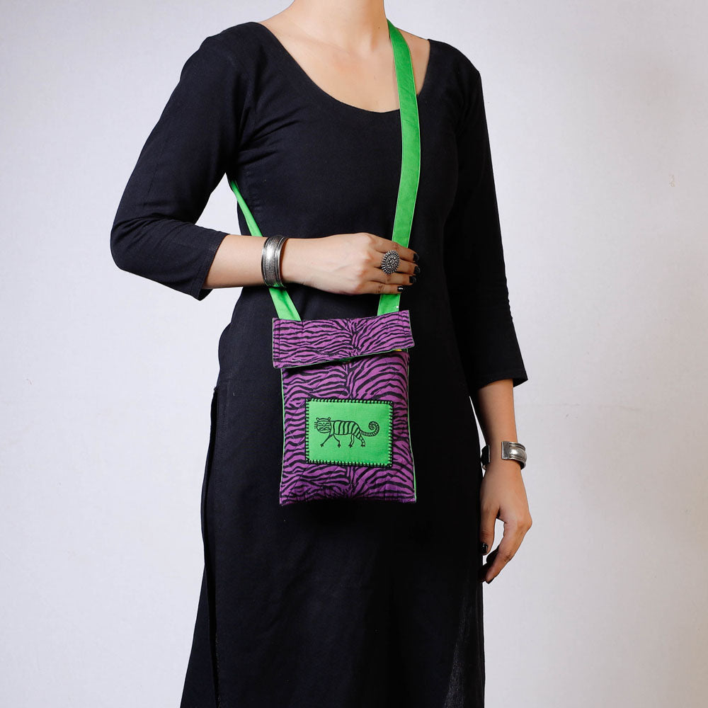 Purple Kantha Work Block Print Cotton Mobile Sling Bag