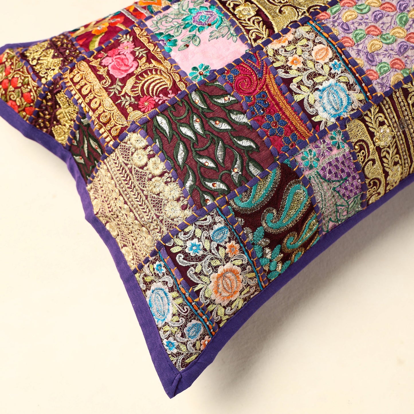Purple Khambadiya Patchwork Cotton Pillow Cover (24 x 17 in) 05