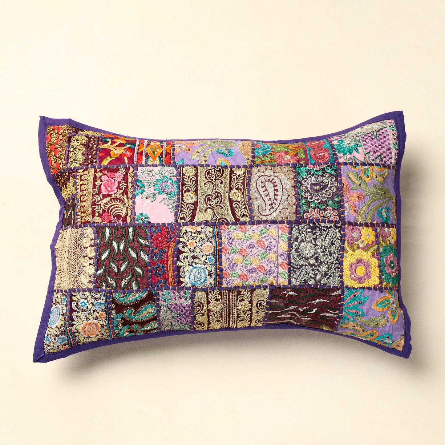 Purple Khambadiya Patchwork Cotton Pillow Cover (24 x 17 in) 05