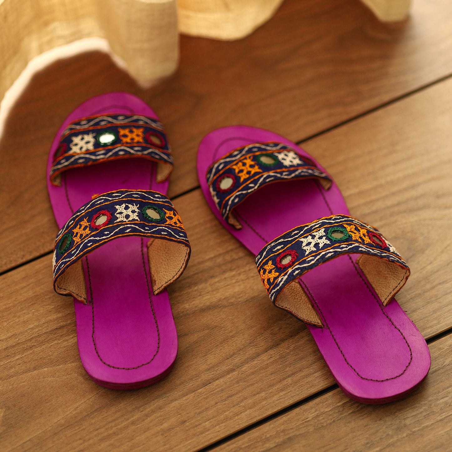 Purple Kutch Embroidery Handstitched Leather Flat Slippers