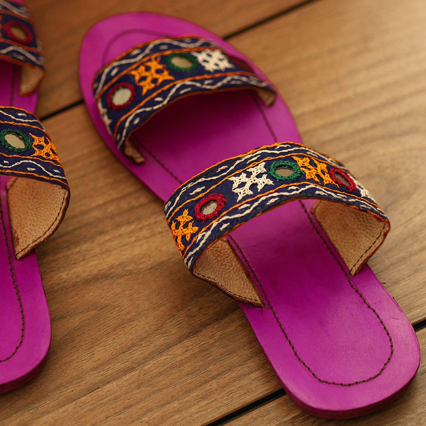 Purple Kutch Embroidery Handstitched Leather Flat Slippers