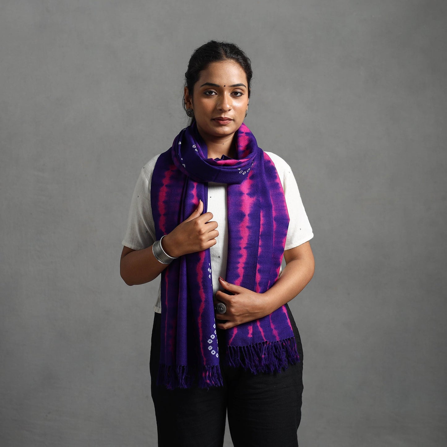 Purple - kutch handwoven woolen shibori & bandhani stole 29