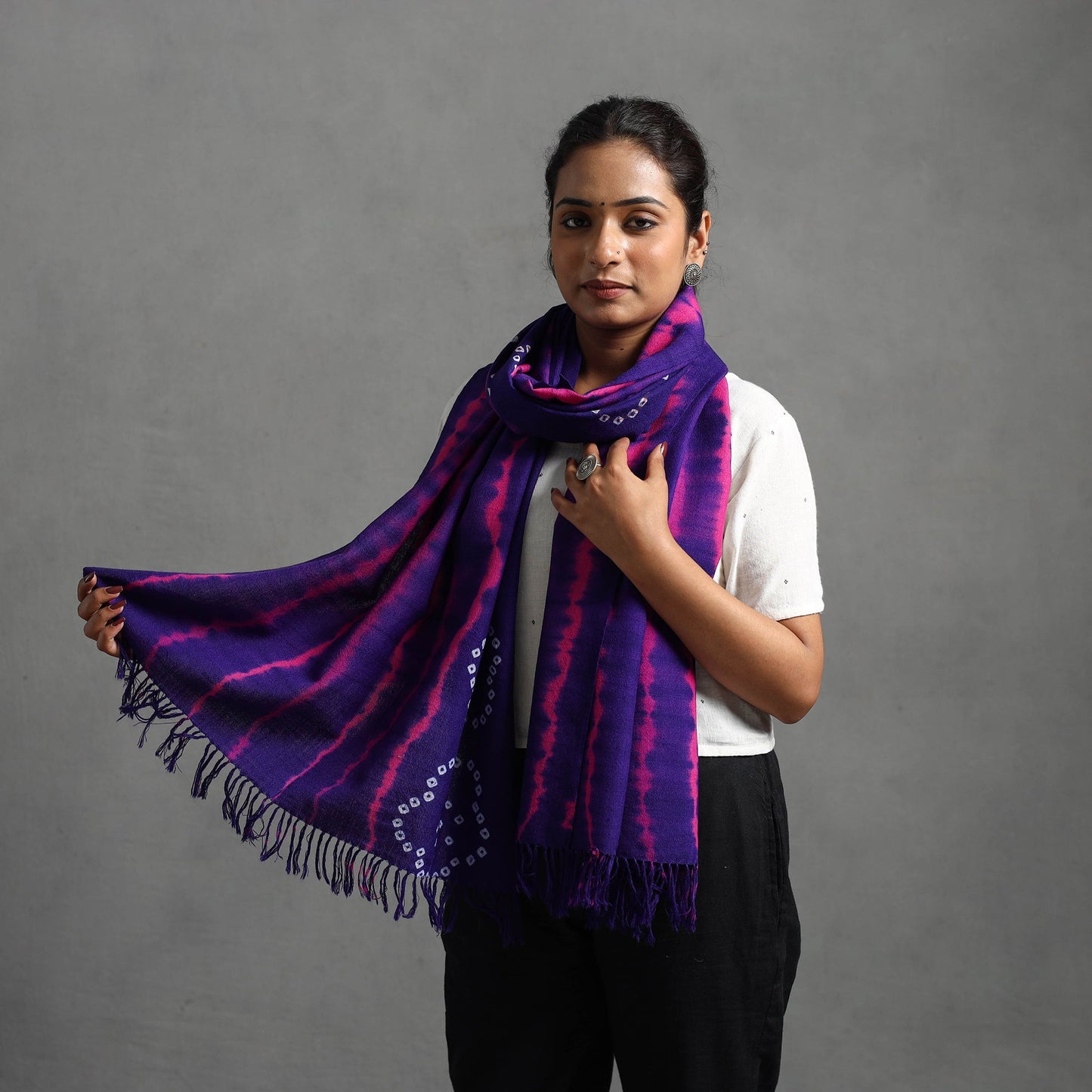 Purple - kutch handwoven woolen shibori & bandhani stole 29
