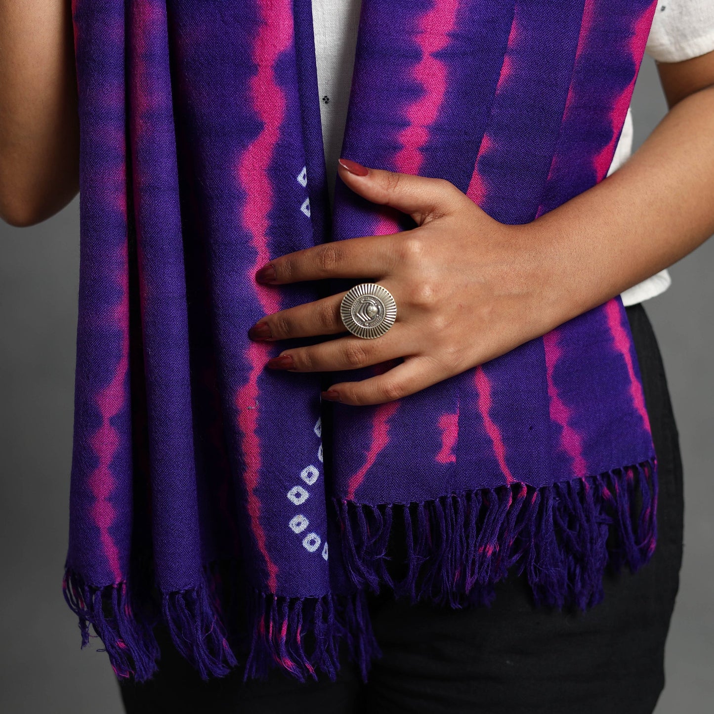 Purple - kutch handwoven woolen shibori & bandhani stole 29