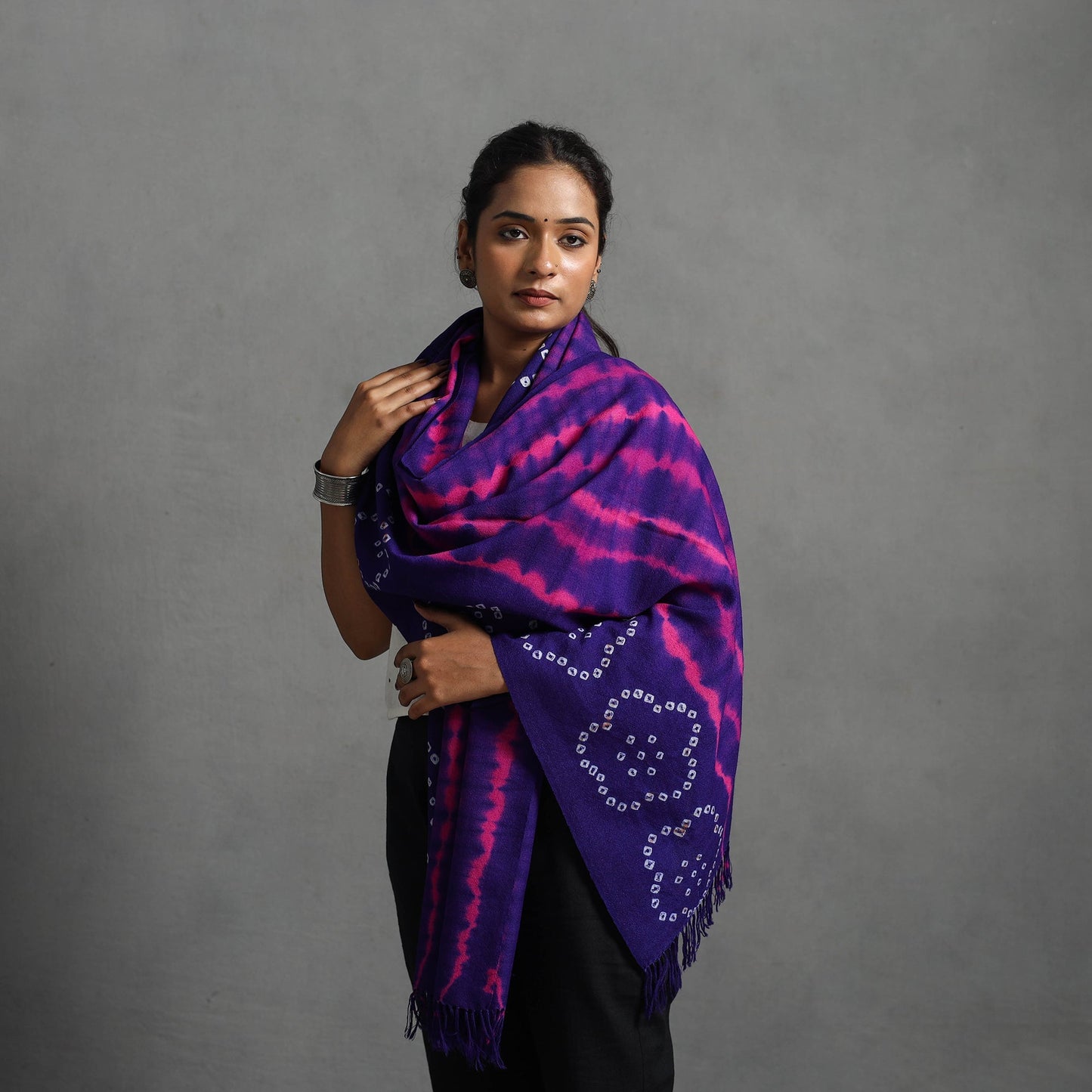 Purple - kutch handwoven woolen shibori & bandhani stole 29