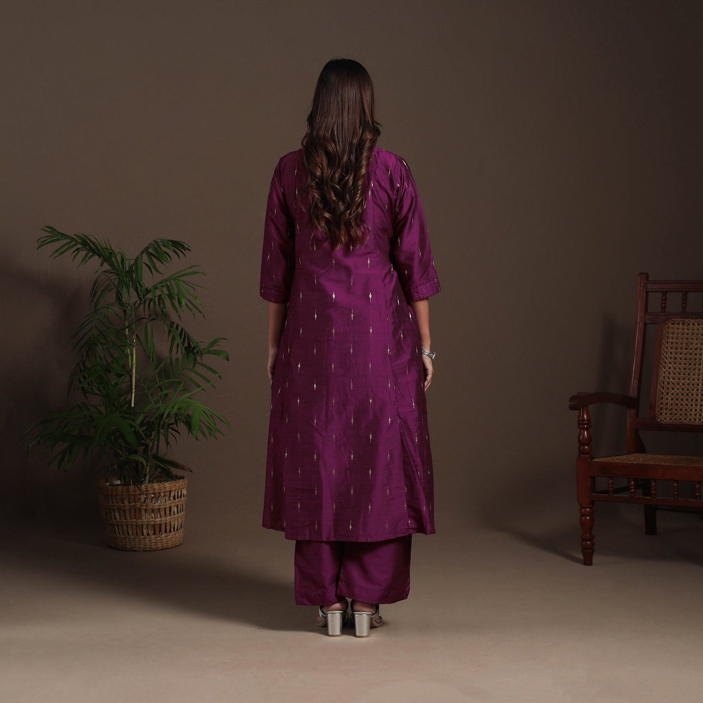Purple - a-line buti work spun dupion silk plain kurta set