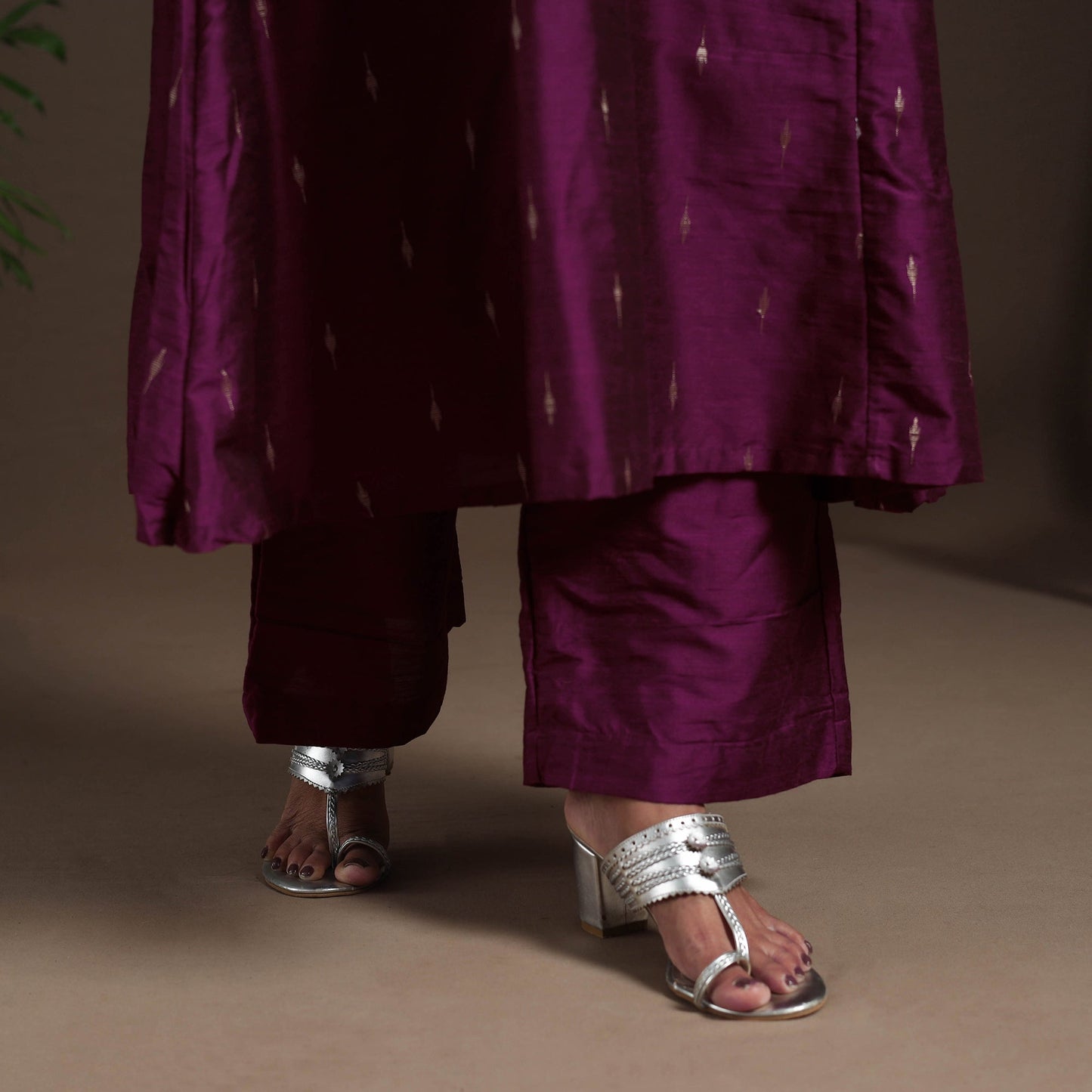 Purple - a-line buti work spun dupion silk plain kurta set