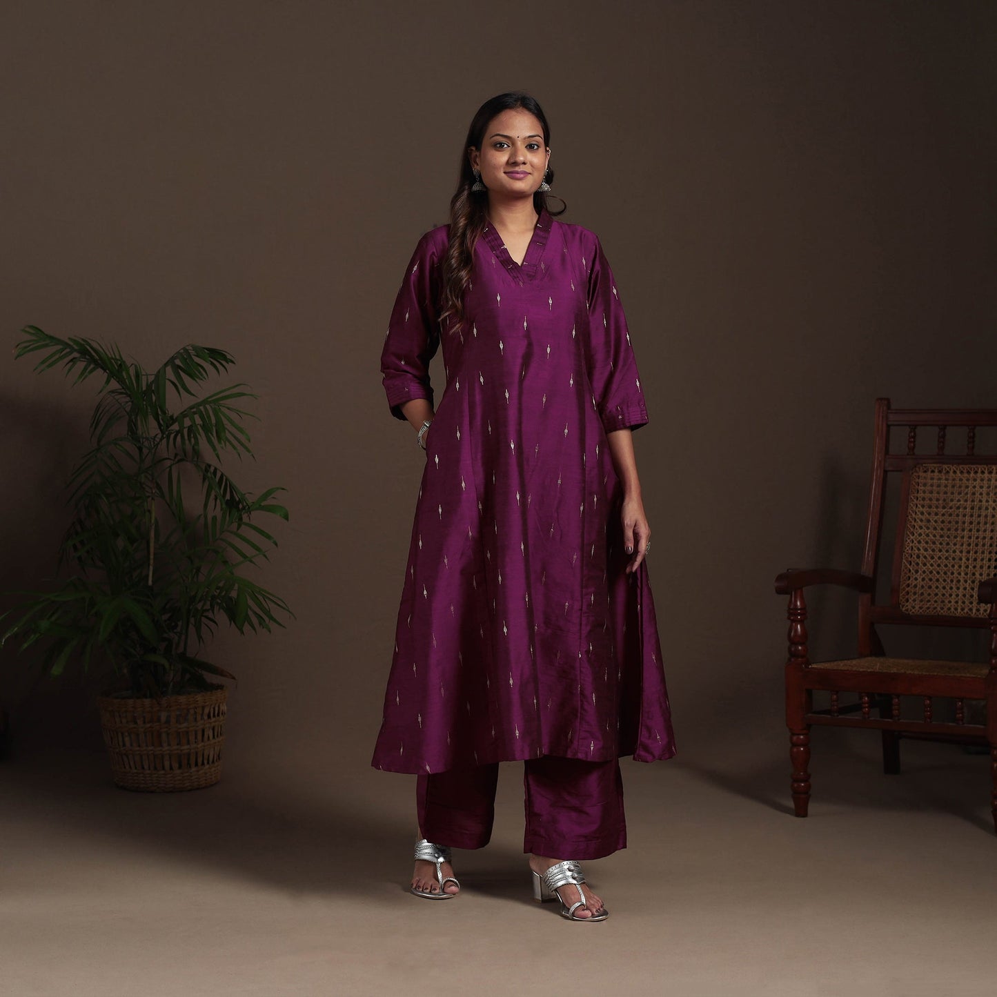 Purple - a-line buti work spun dupion silk plain kurta set