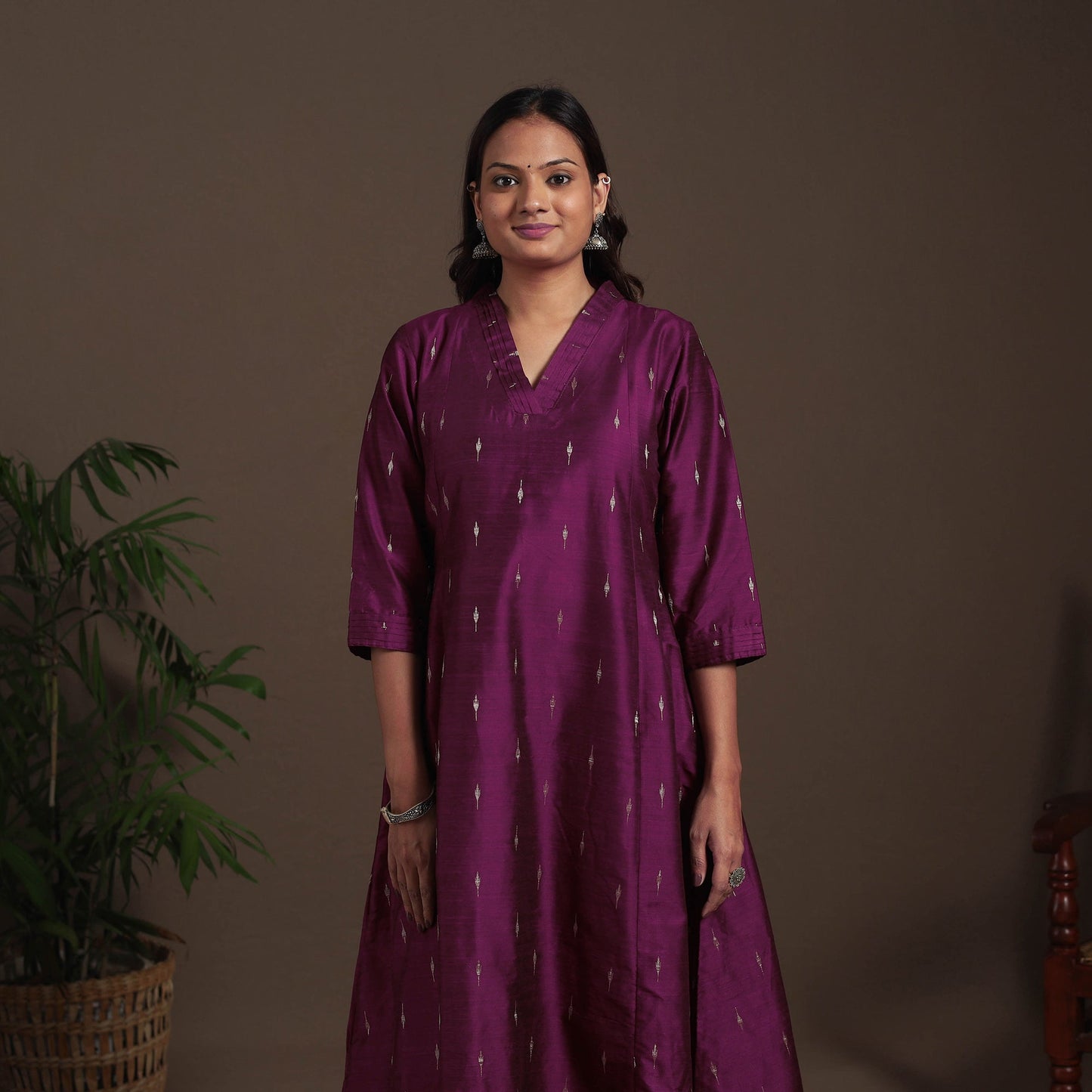 Purple - a-line buti work spun dupion silk plain kurta set