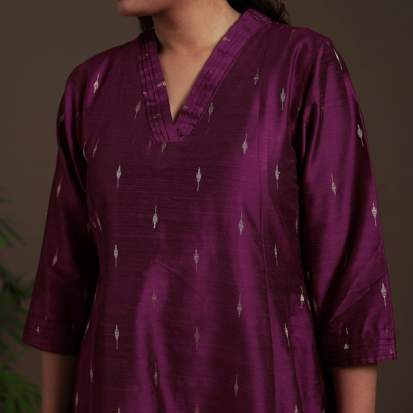Purple - a-line buti work spun dupion silk plain kurta set