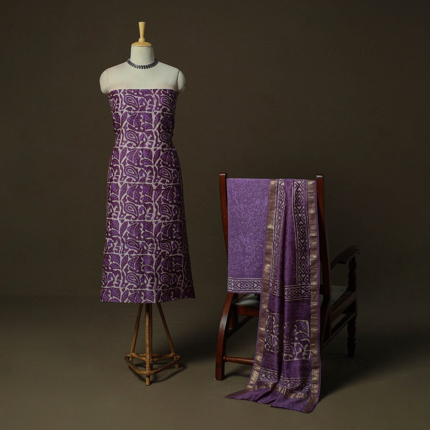 Maheshwari silk hand block bagru print 3pc unstitched dress