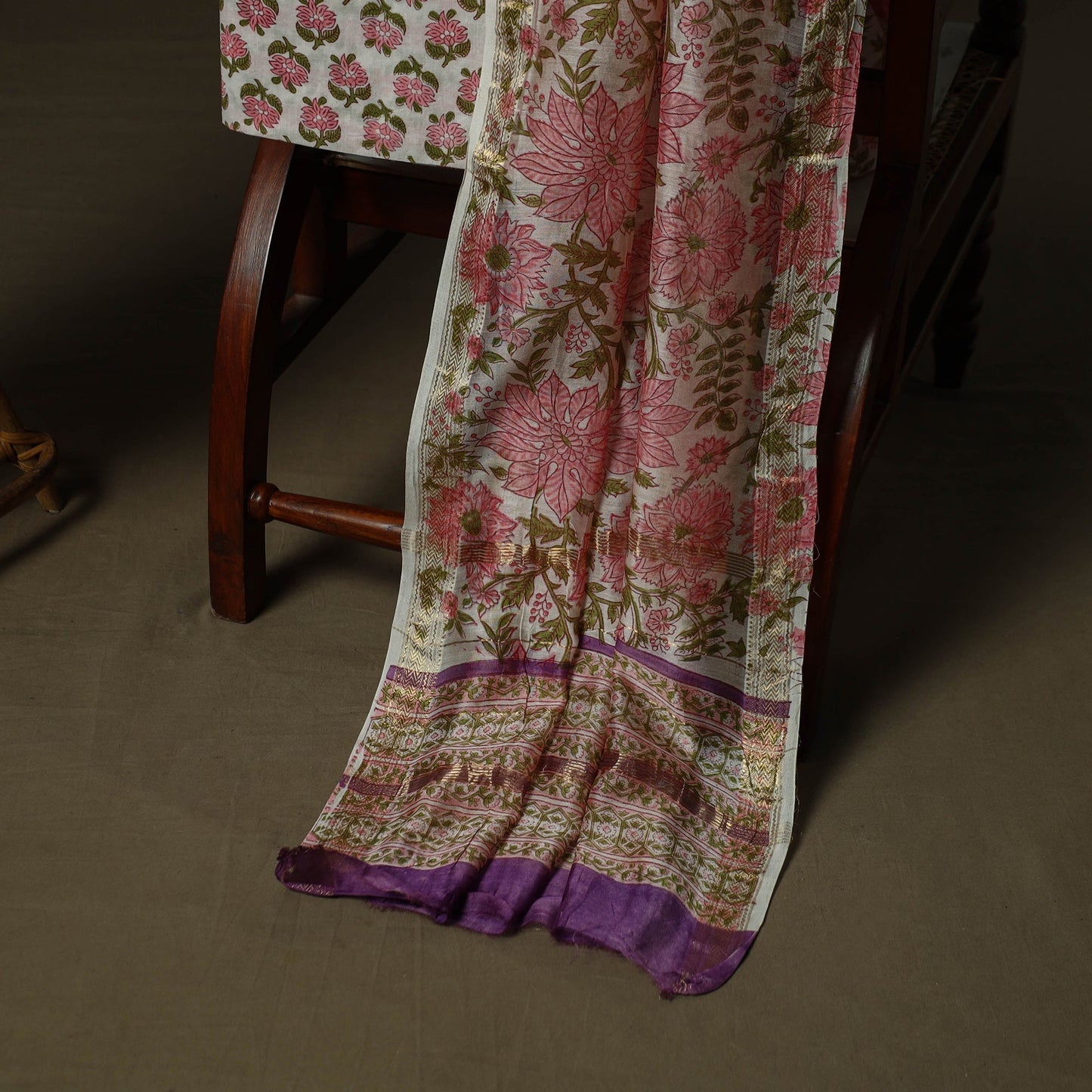 Maheshwari silk hand block sanganeri print 3pc unstitched