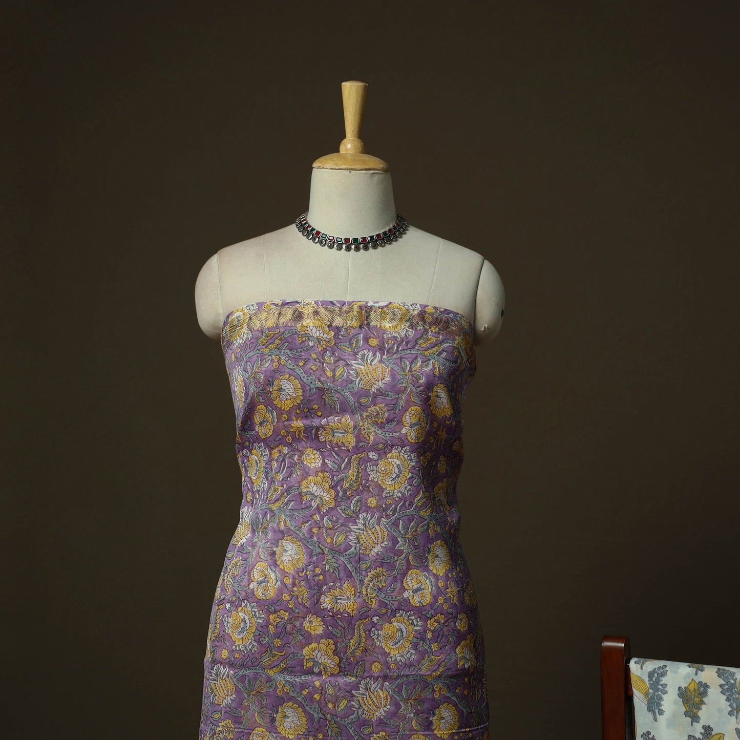 Maheshwari silk hand block sanganeri print 3pc unstitched