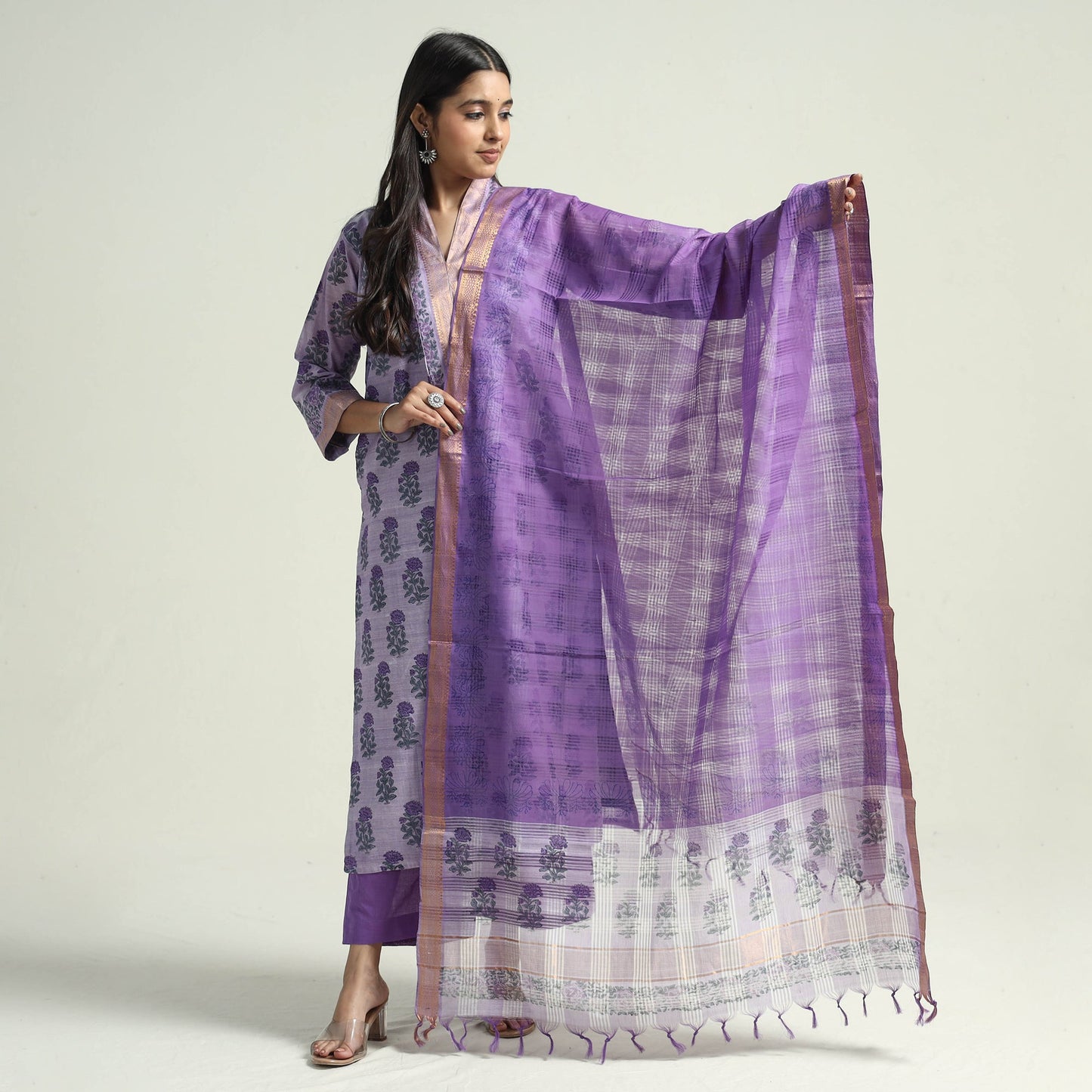 Buy Mangalagiri Block Printed Handloom Cotton Kurta with Palazzo & Dupatta Set Online at iTokri.com