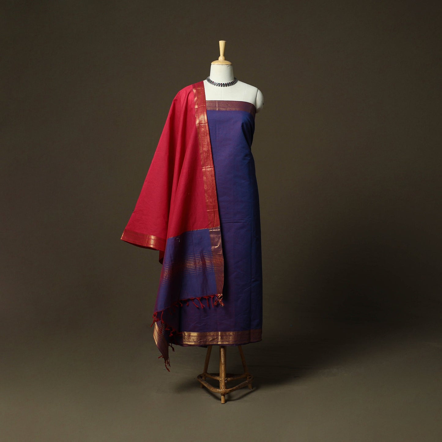 Mangalagiri cotton 3pc unstitched dress material with zari