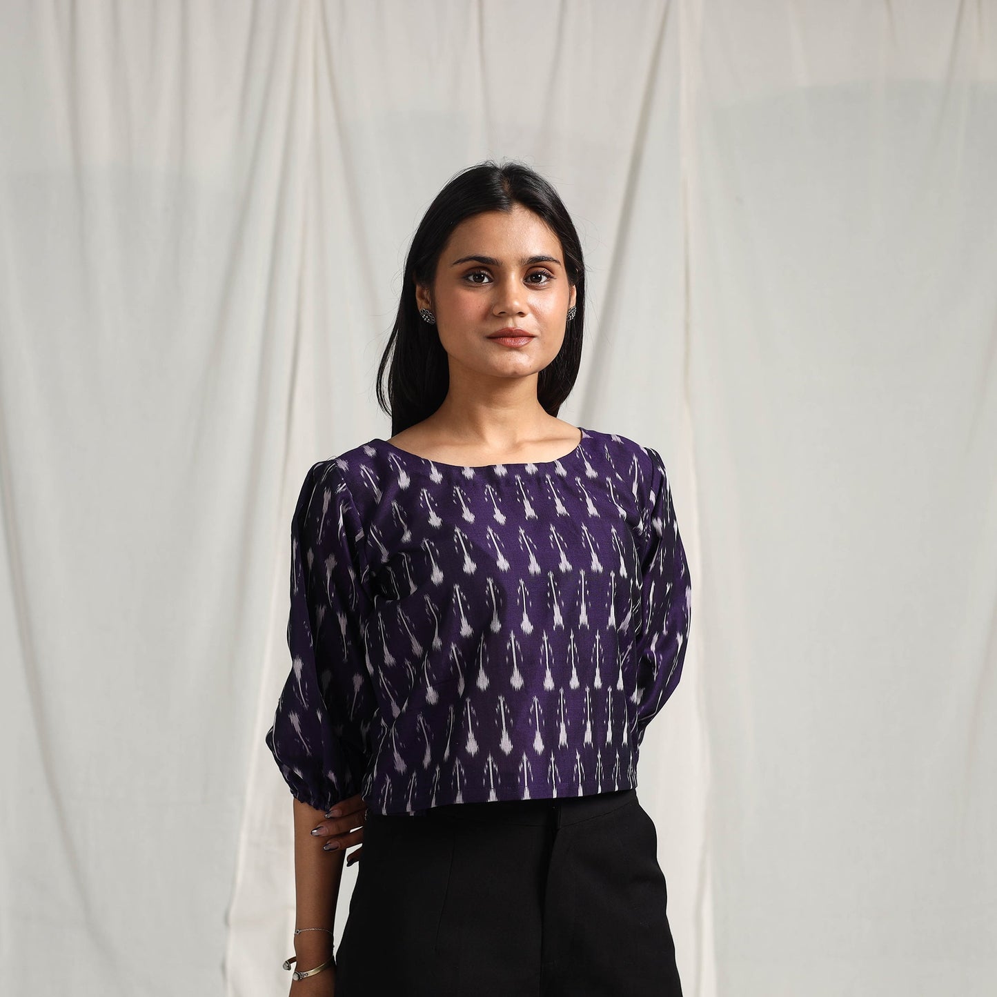 Purple Mercerised Cotton Pochampally Ikat Crop Top
