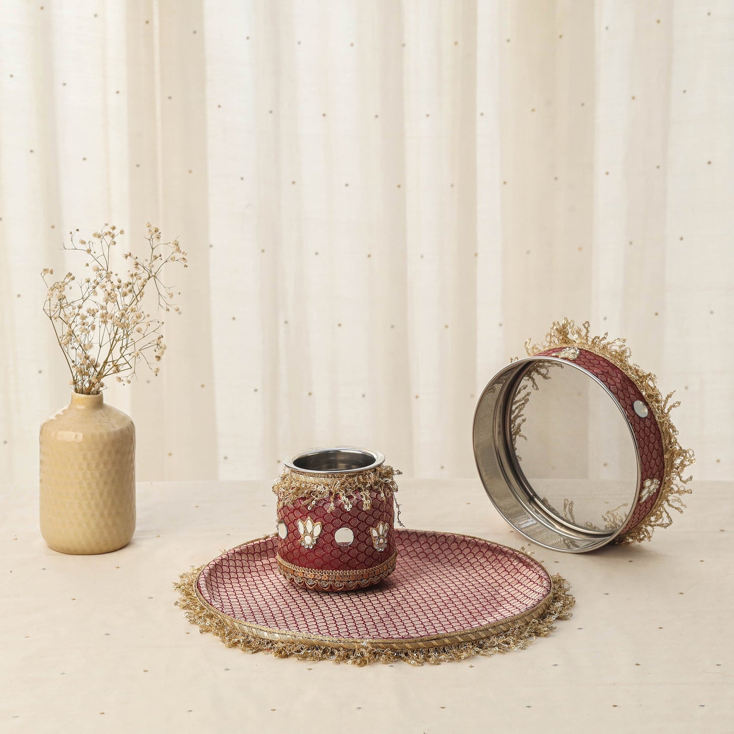 Purple mirror beads karwa chauth thali set 05 - handcrafted