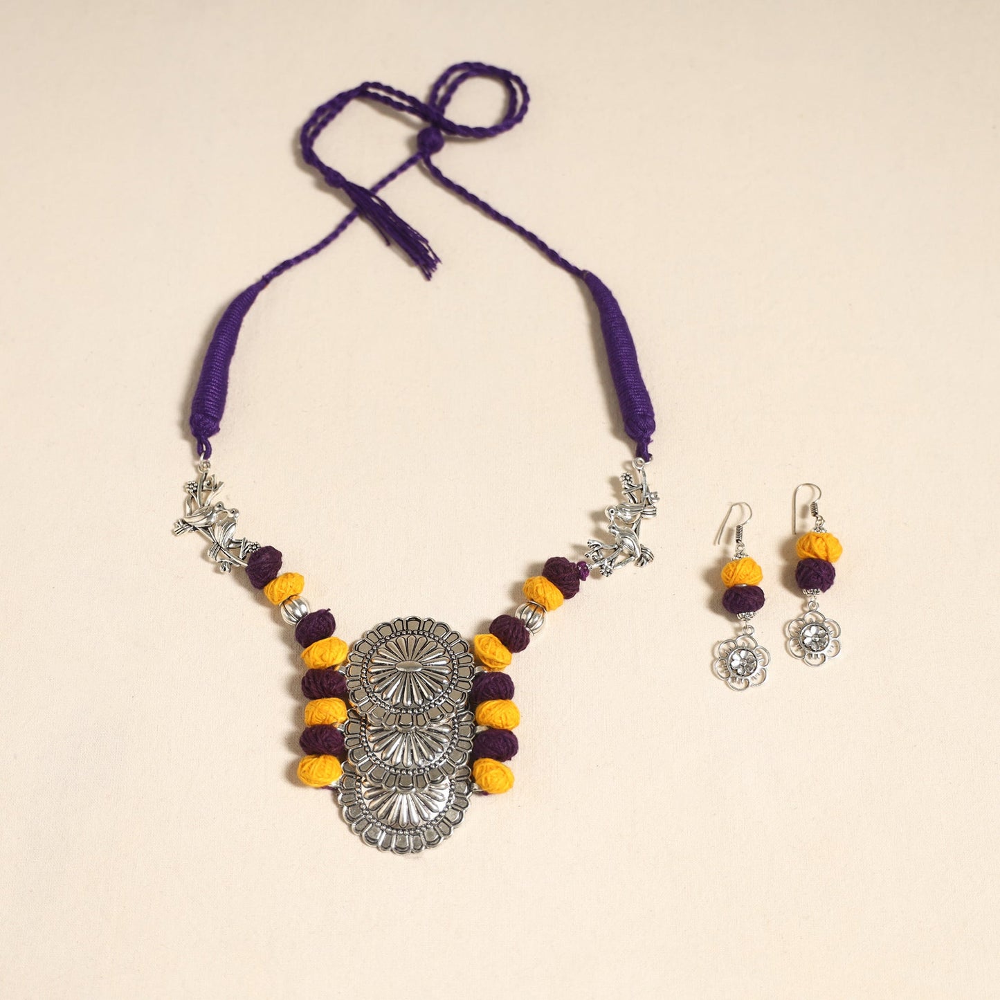 Navratri Special! Purple German Silver Thread Beads Necklace Set