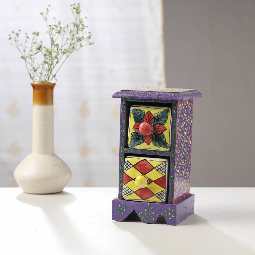 Neem Wood Hand Painted Blue Pottery Ceramic Double Drawer